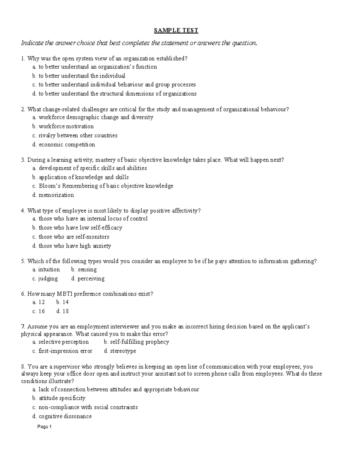 Midterm Sample Winter 19 20 - Sample Test Page 1 Indicate The Answer 