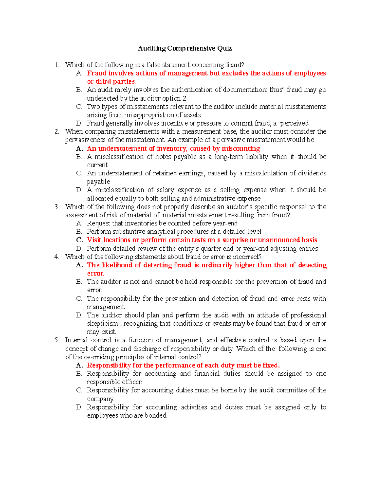Auditing Comprehensive Quiz - Auditing Comprehensive Quiz Which of the ...