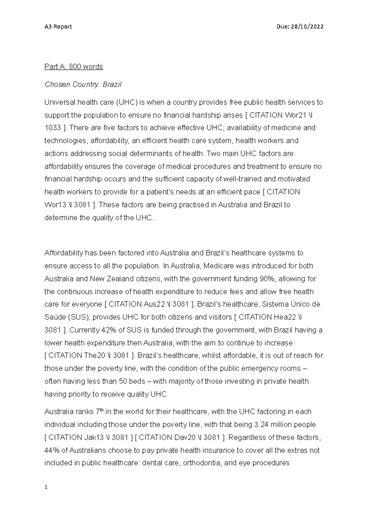 A3 Report - Part A: 800 words Chosen Country: Brazil Universal health ...