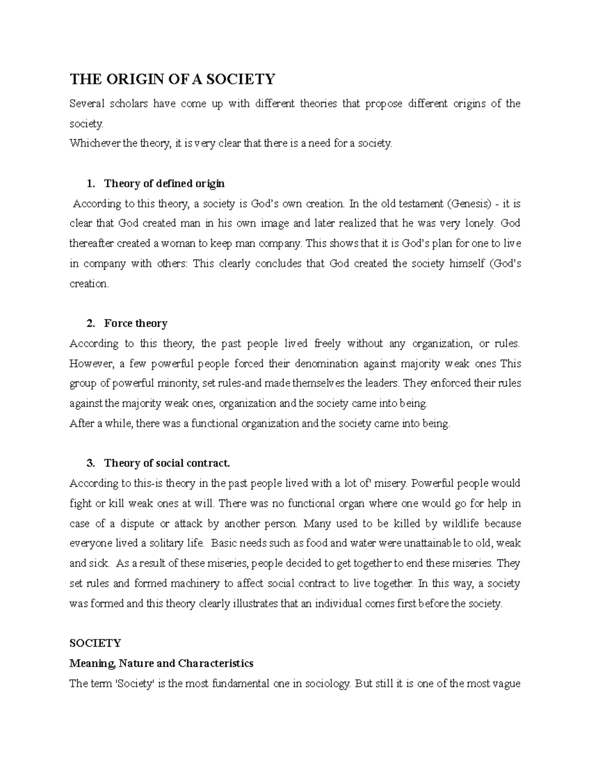 THE Origin OF A Society Lecture notes 1 THE ORIGIN OF A SOCIETY