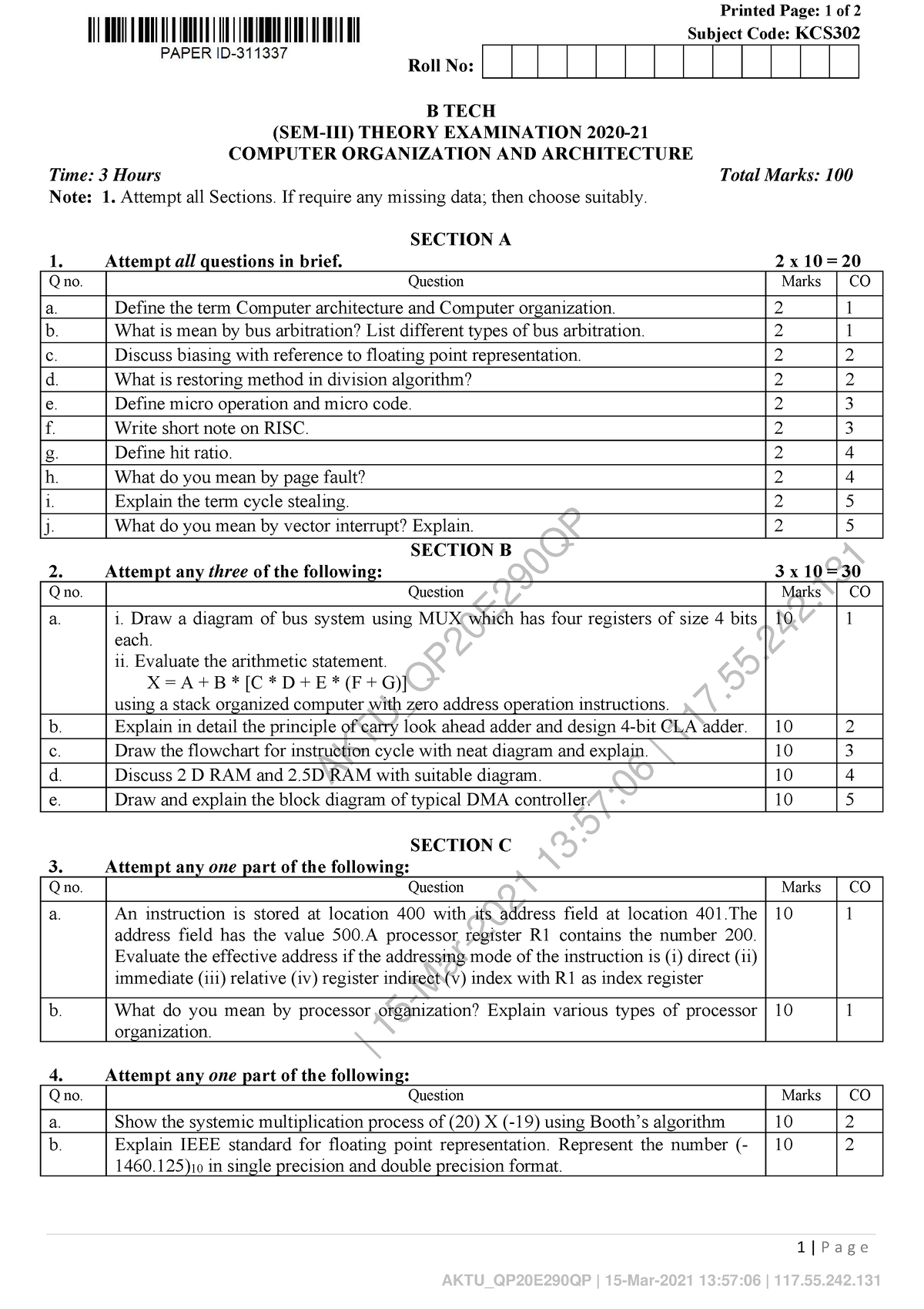 Computer Organization AND Architecture KCS 302 1 - AKTU_QP20E290QP | 15 ...