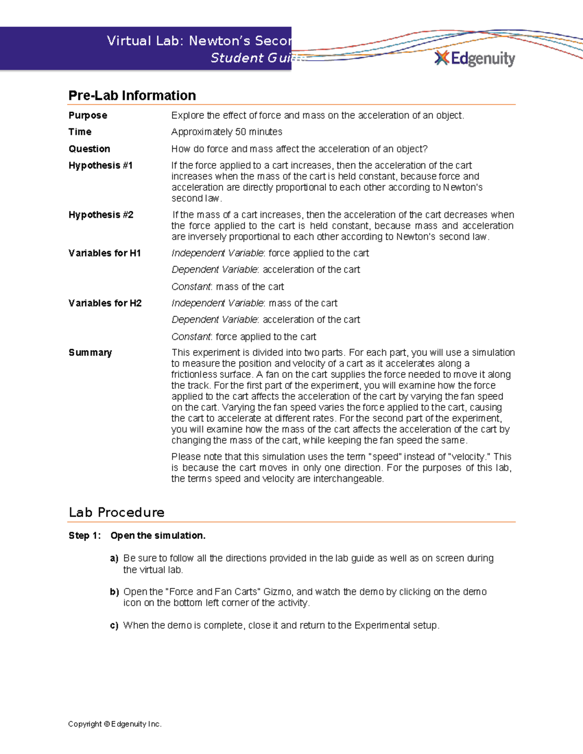 8301 03 04 Studentguidevirtuallab - Virtual Lab: Newton’s Second Law ...