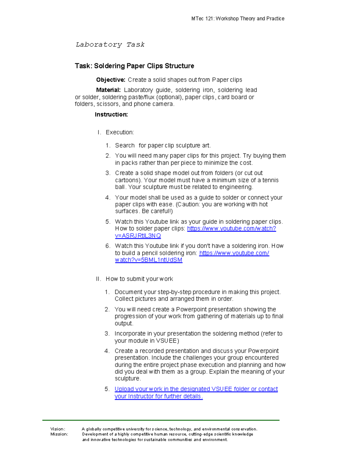 Laboratory Exercise for Final TERM MTec 121 - MTec 121: Workshop Theory ...