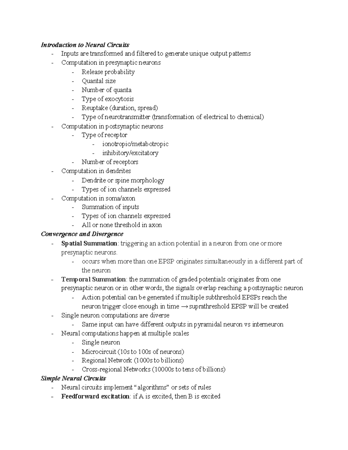 NE 101 Lecture 8 Compiled Notes - Introduction to Neural Circuits ...