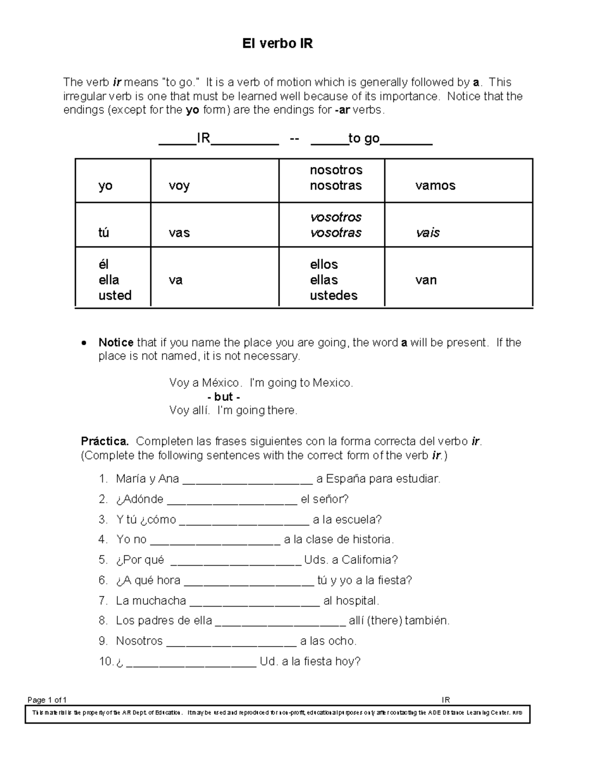 IR ejercicios Worksheet Spanish 101 Spring Semester El Verbo IR Page 