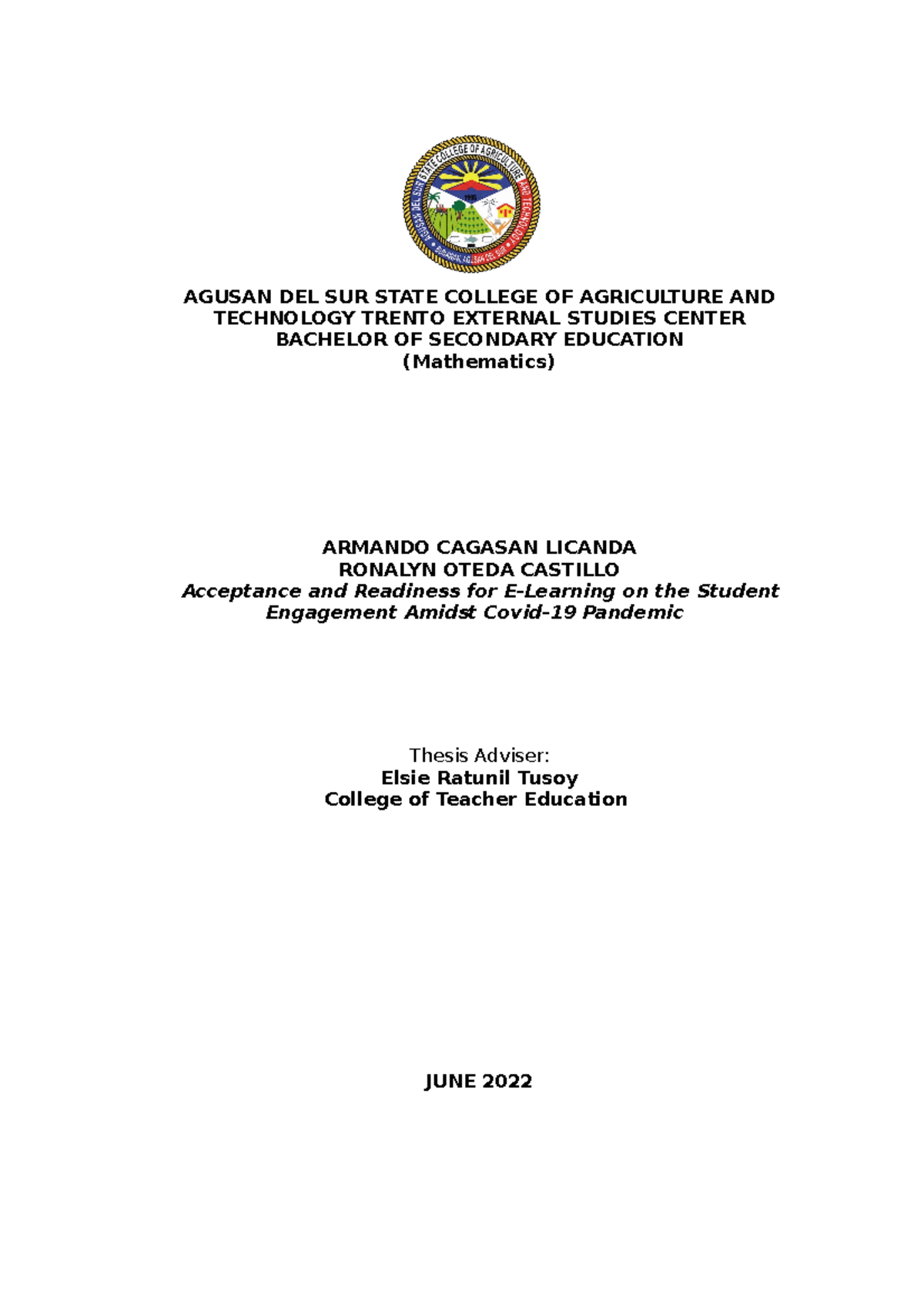 ResearcheditingRecovered AGUSAN DEL SUR STATE COLLEGE OF AGRICULTURE AND TECHNOLOGY TRENTO