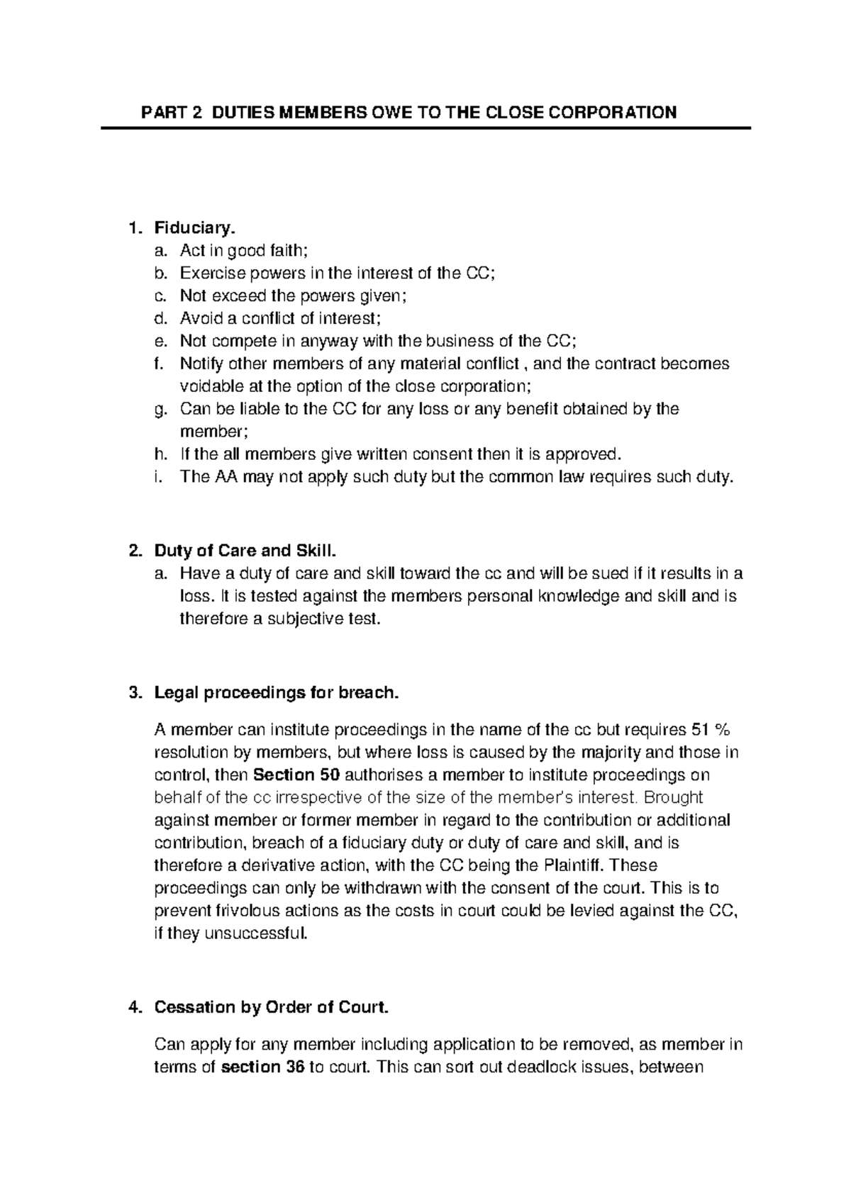 Bbbac 2 Lecture Close Coporations PART 2 - PART 2 DUTIES MEMBERS OWE TO ...