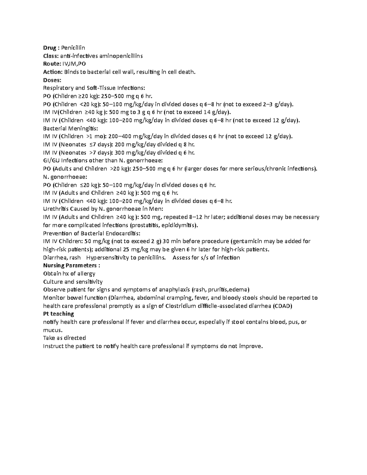 Penicillin - Lecture notes 1 - Drug : Penicillin Class: anti-infectives ...