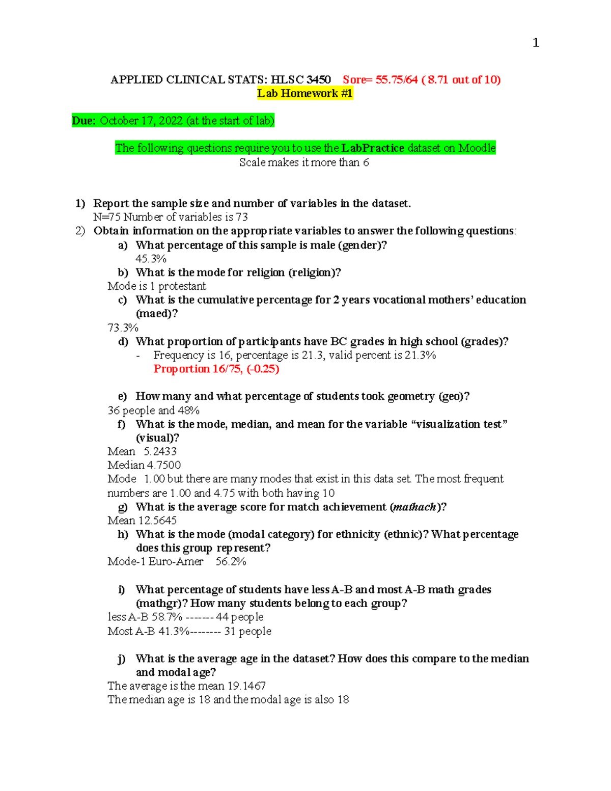 Lab Homework 1 Brianna Milley - APPLIED CLINICAL STATS: HLSC 3450 Sore ...