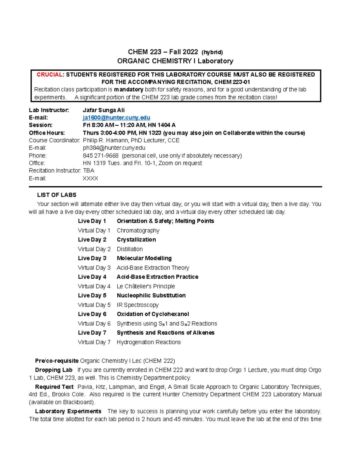 Chem 223 Hybrid Syllabus F22 - CHEM 223 – Fall 2022 (hybrid) ORGANIC ...