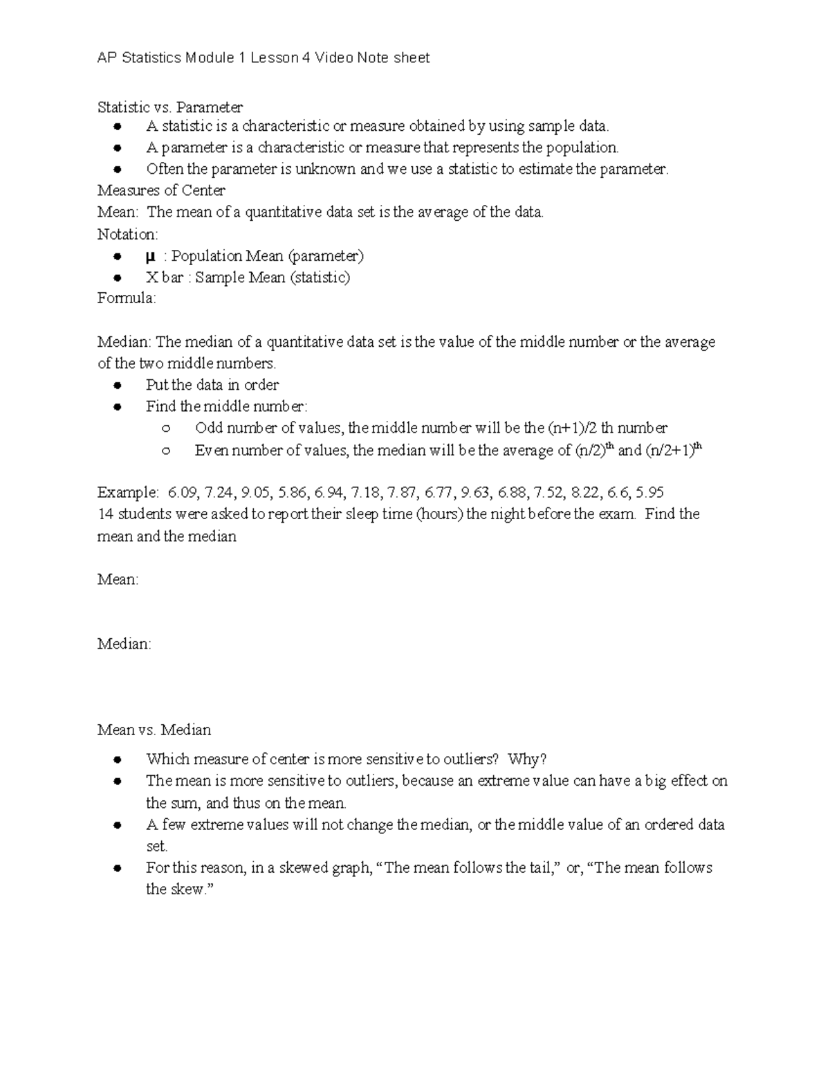 AP Stats M1 L4 Video Note sheet - Statistic vs. Parameter A statistic ...