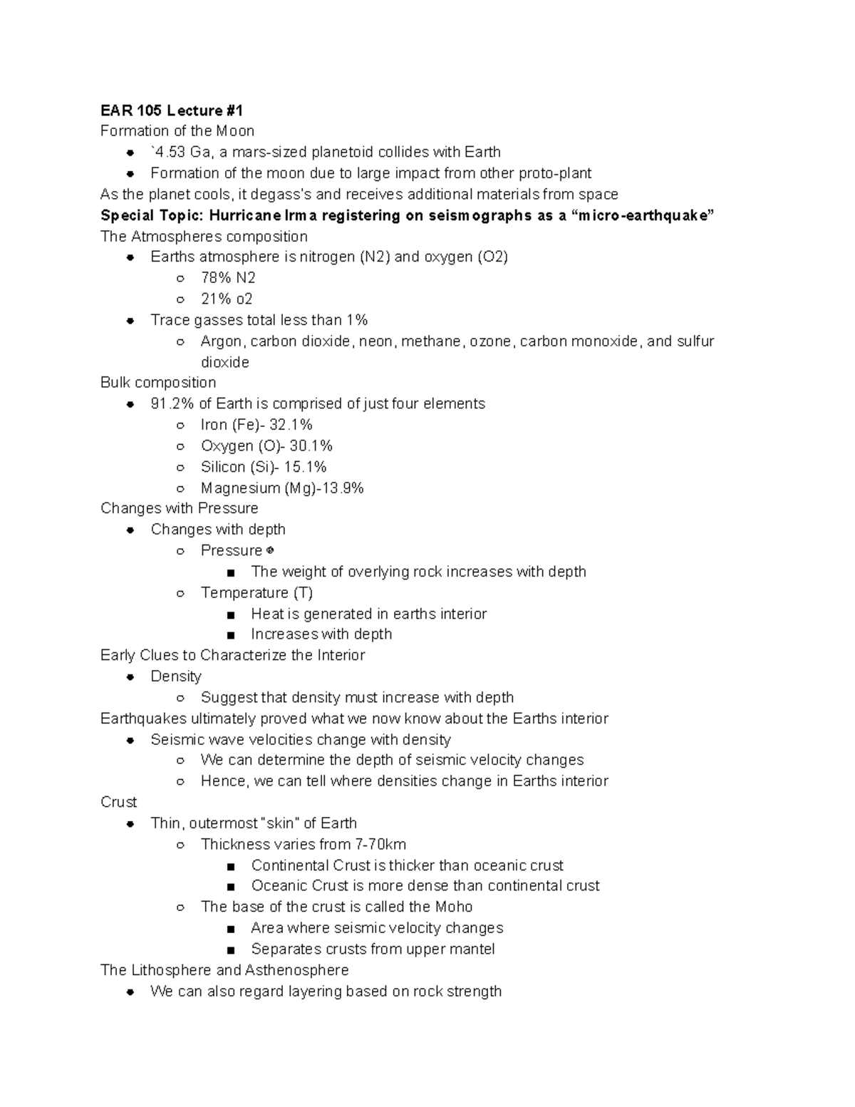 EAR105 Lecture 1 & 2 Notes - EAR 105 Lecture # Formation of the Moon `4 ...