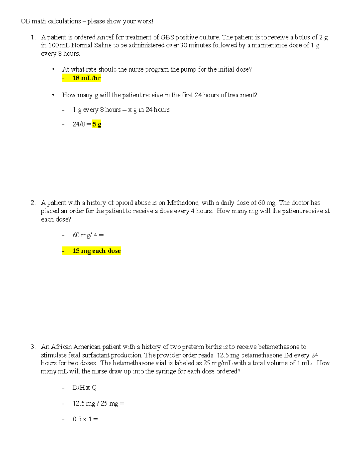 NUR202 Dosage Calc OB math calculations questions 1 12 - OB math