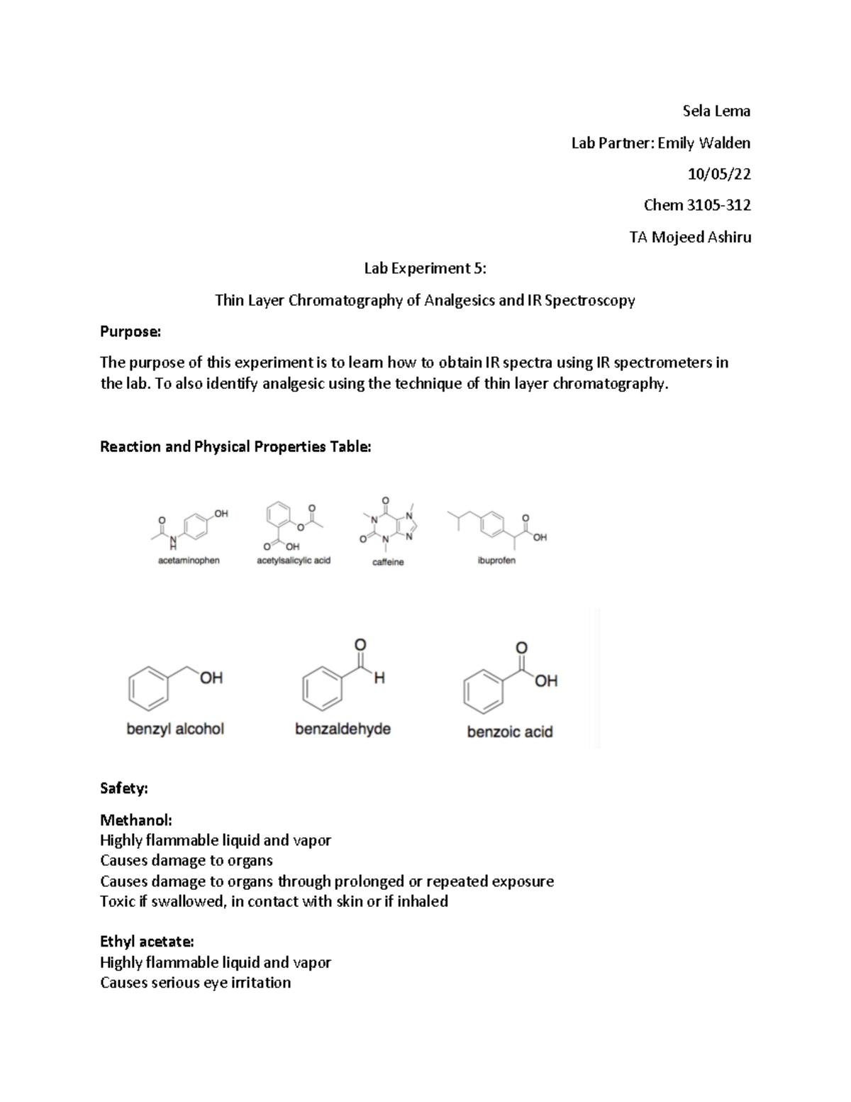 Exp. 5 Lab report - Sela Lema Lab Partner: Emily Walden 10/05/ Chem ...