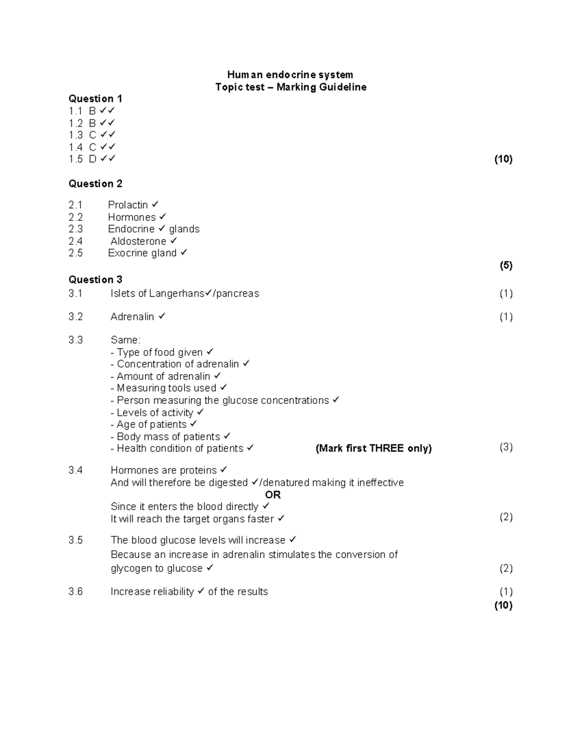 Human endocrine system Topic test - Marking Guideline - Human endocrine ...