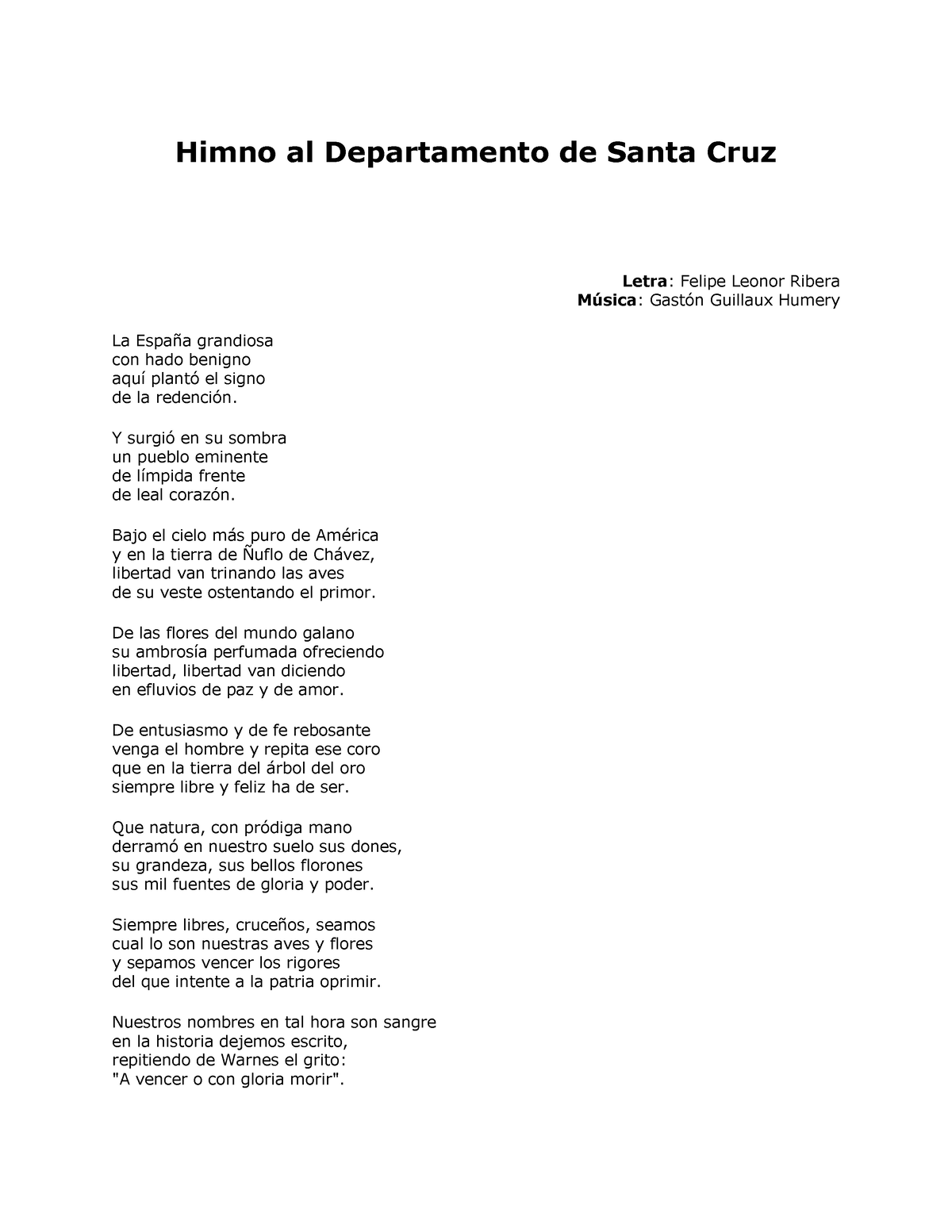 Himno al Departamento de Santa Cruz Y surgi en su sombra un