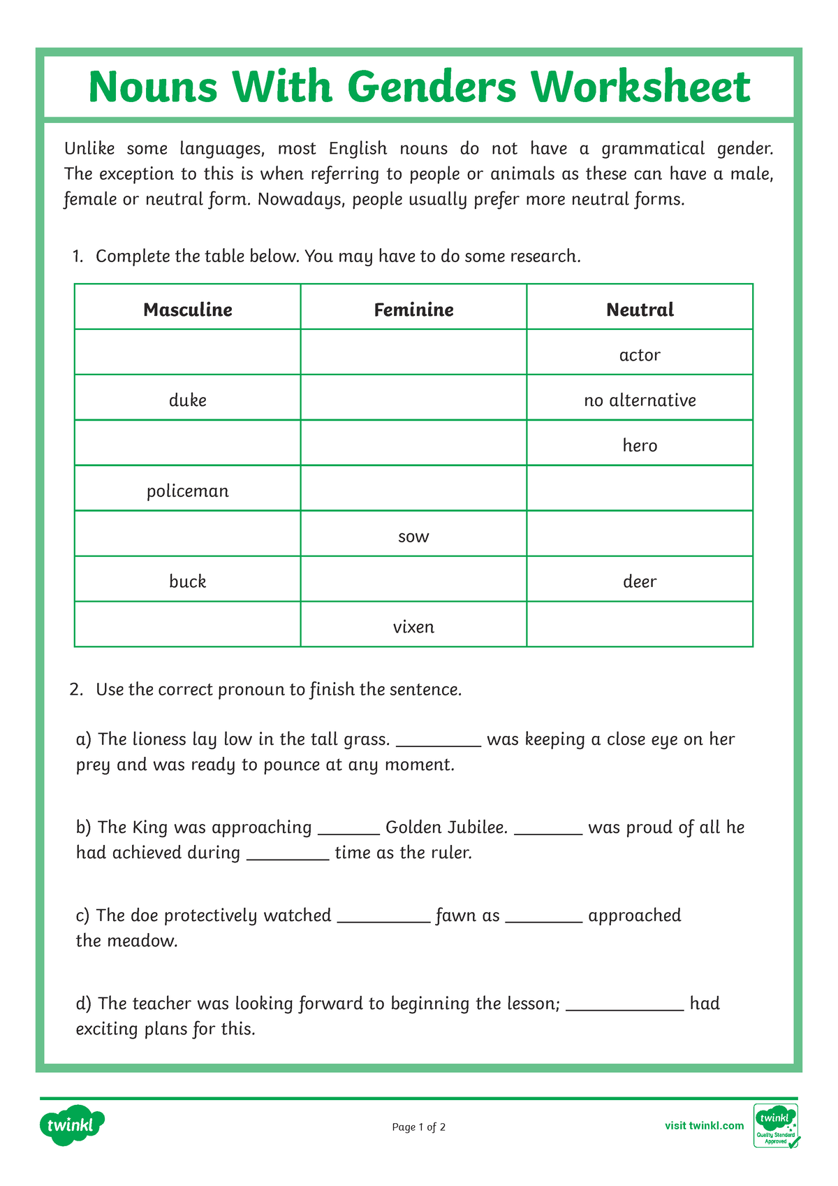 Gender-of-nouns - Pre Kinder Worksheets - visit twinkl Nouns With ...