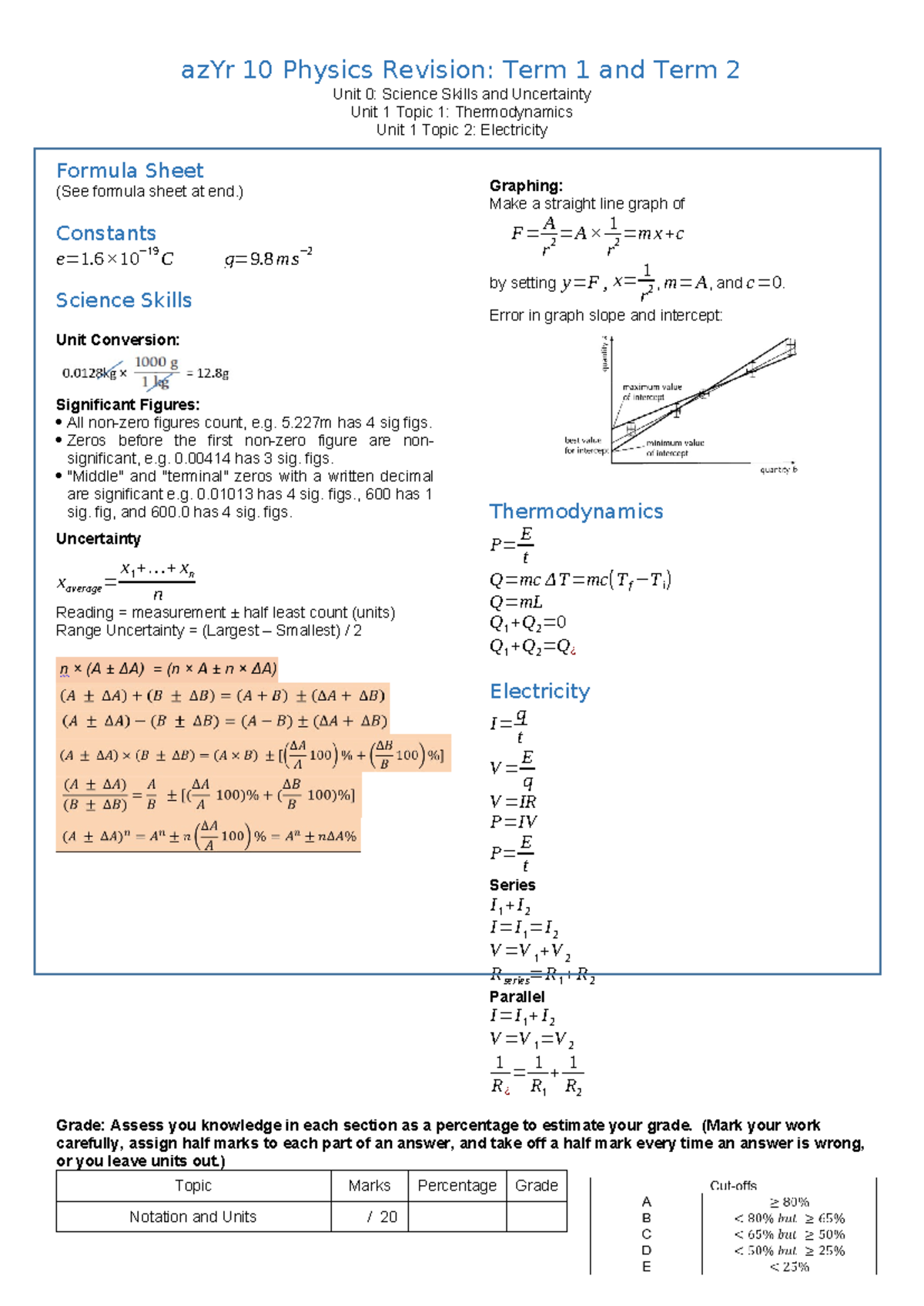 Year 10 Physics Revision Sheet- Electric Circuits and Thermodynamics ...