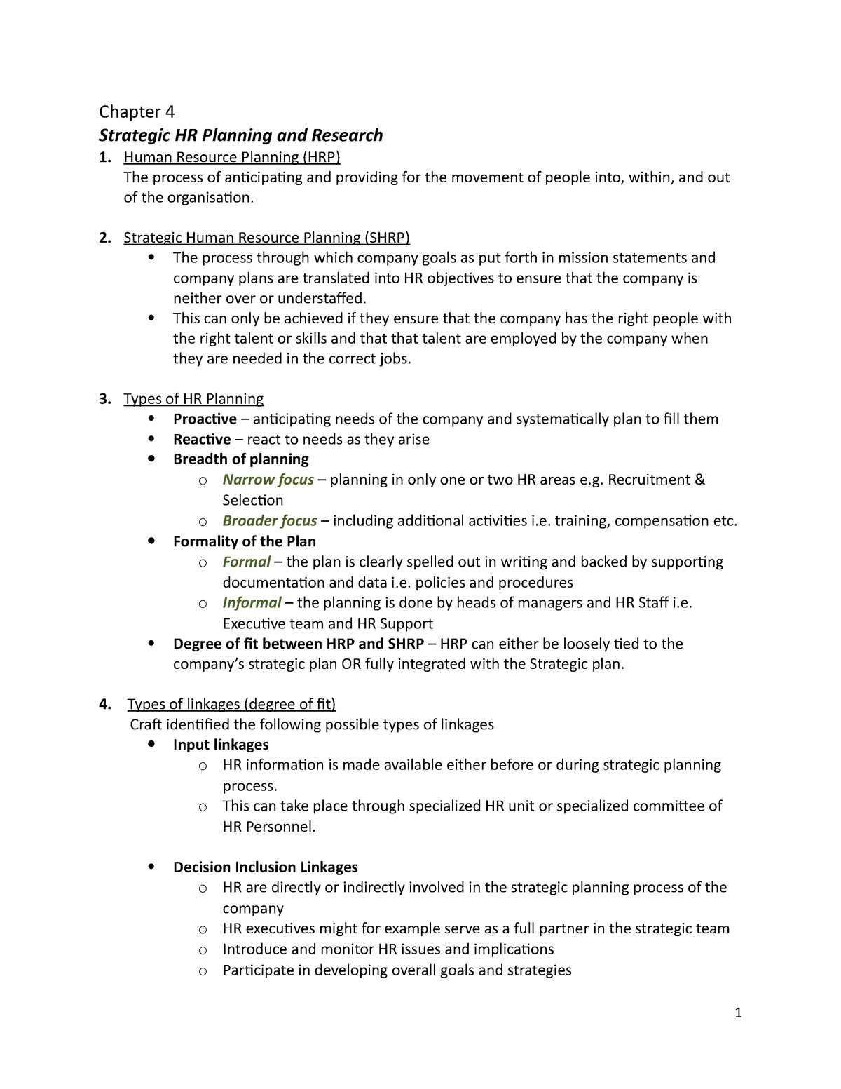 HRM2601-study notes chapter 4 - Chapter 4 Strategic HR Planning and ...