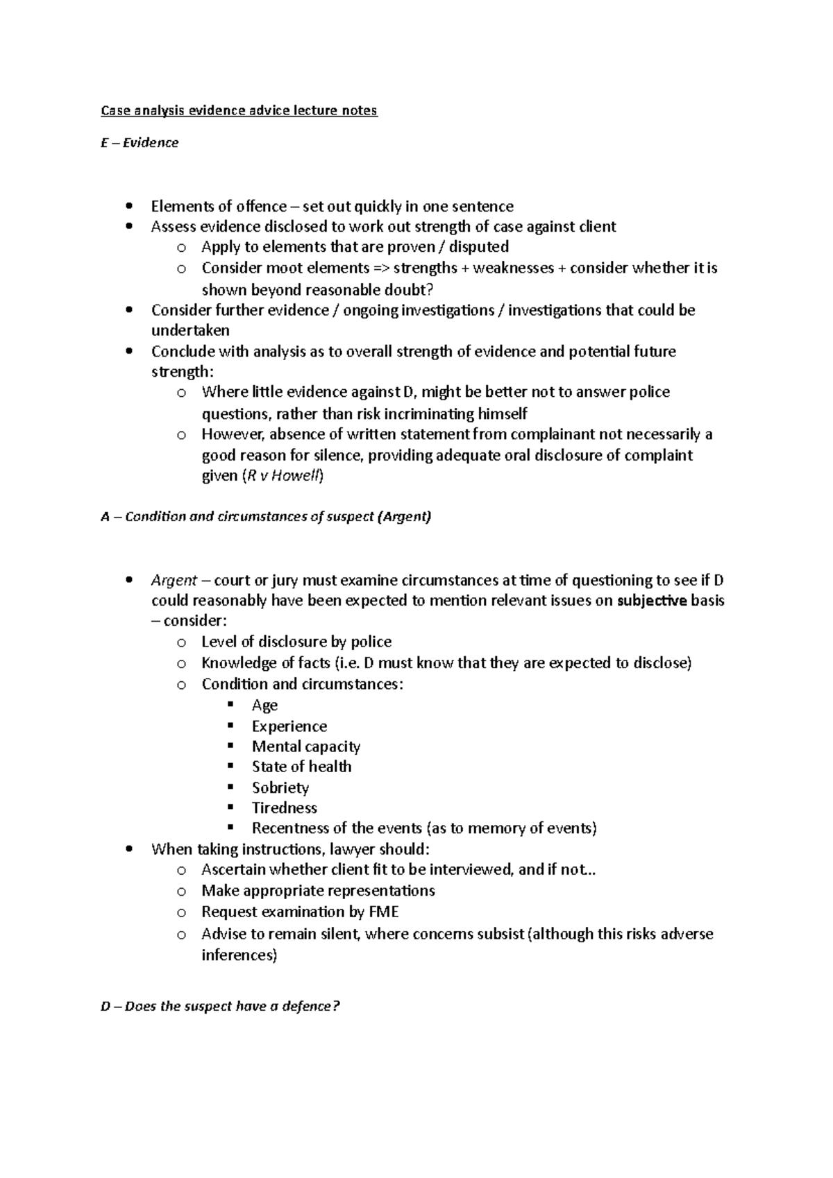Case analysis on evdence lecture notes - Case analysis evidence advice ...