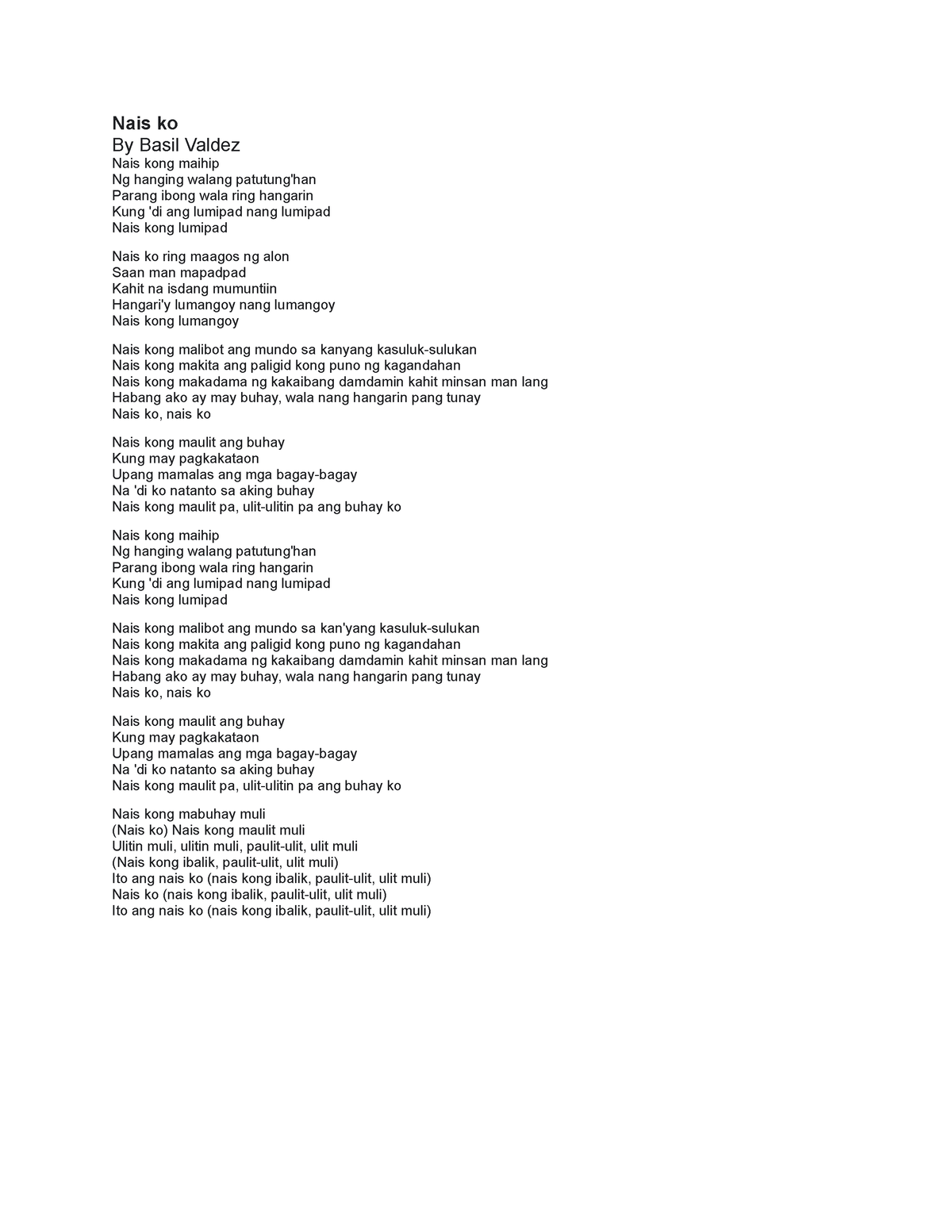 Mapeh lyrics Nais ko By Basil Valdez Nais kong maihip Ng hanging