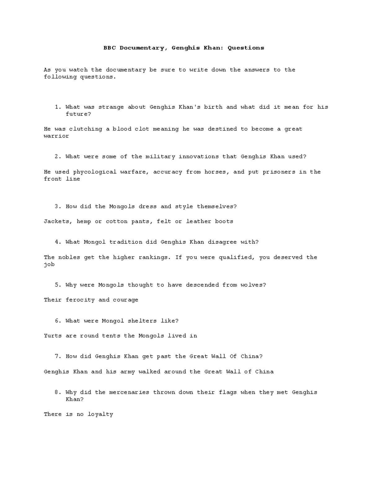 BBC Documentary Questions Genghis Khan BBC Documentary, Genghis Khan Questions As you watch