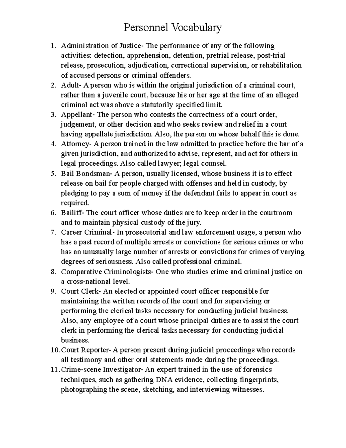CRJU103 Personnel Vocabulary - Administration of Justice- The ...