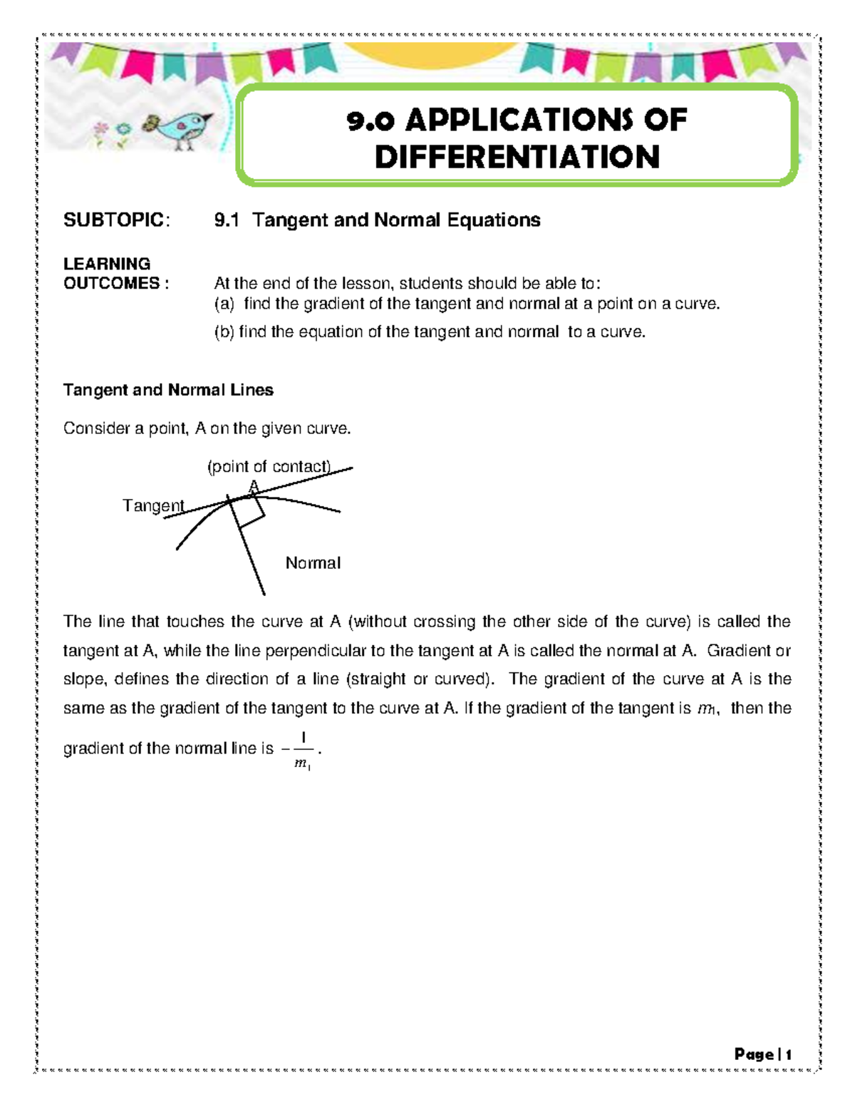 Applications OF Differentiation - SUBTOPIC : 9 Tangent and Normal ...