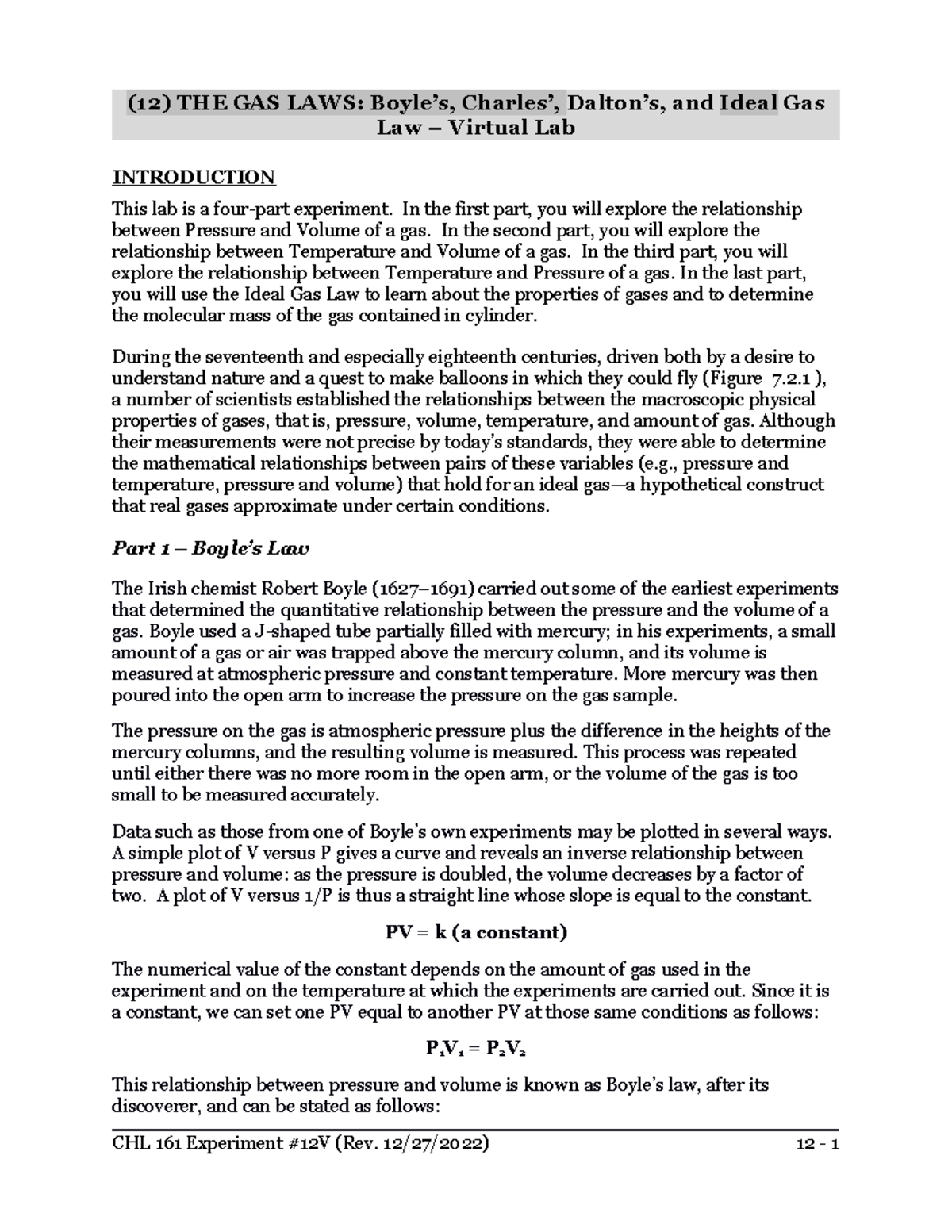 (12) THE GAS LAWS Boyle’s, Charles’, Dalton’s, and Ideal Gas Law Virtual Lab1 (12) THE