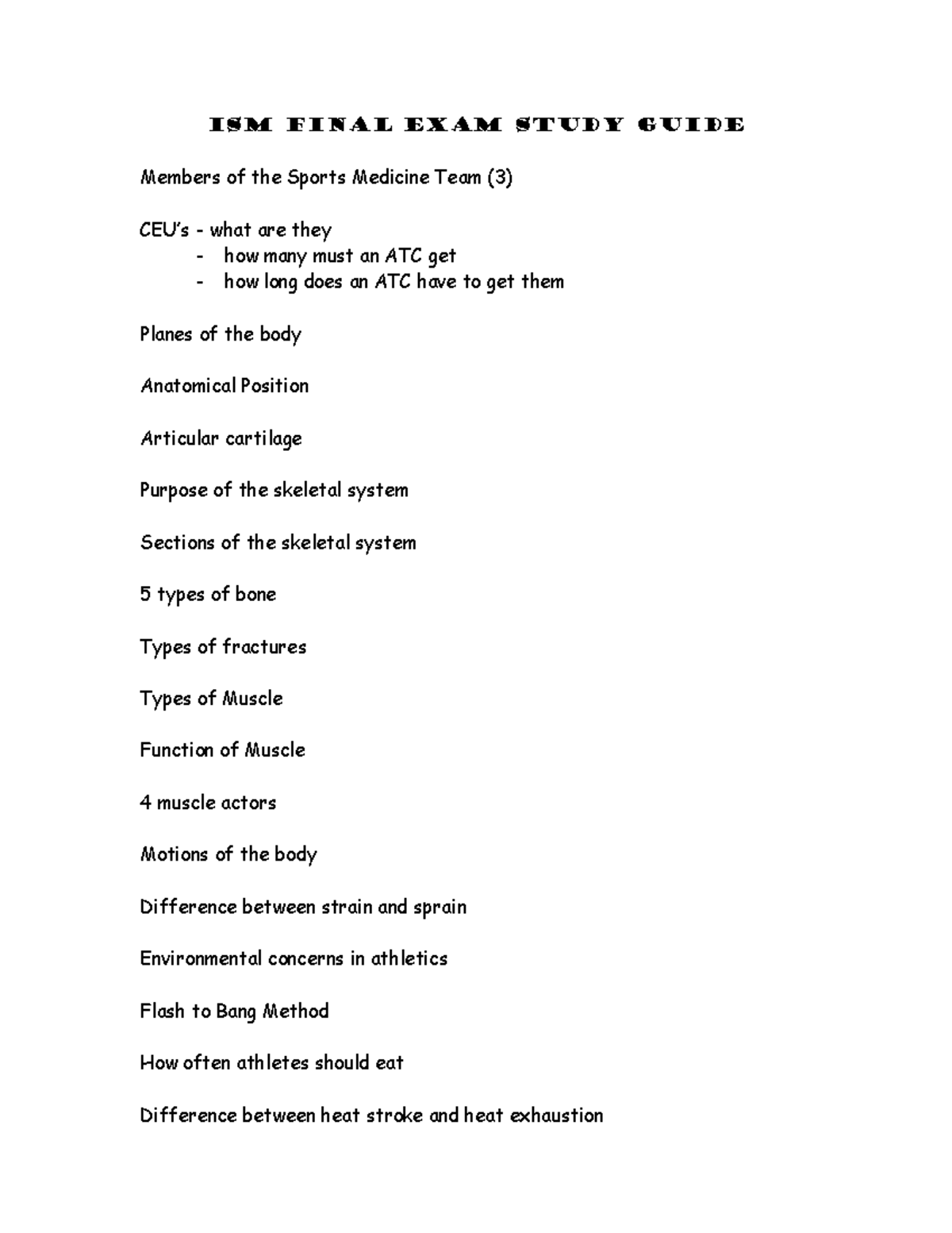 Sports Med Final EXAM Study Guide 2021[969] ISM FINAL EXAM STUDY