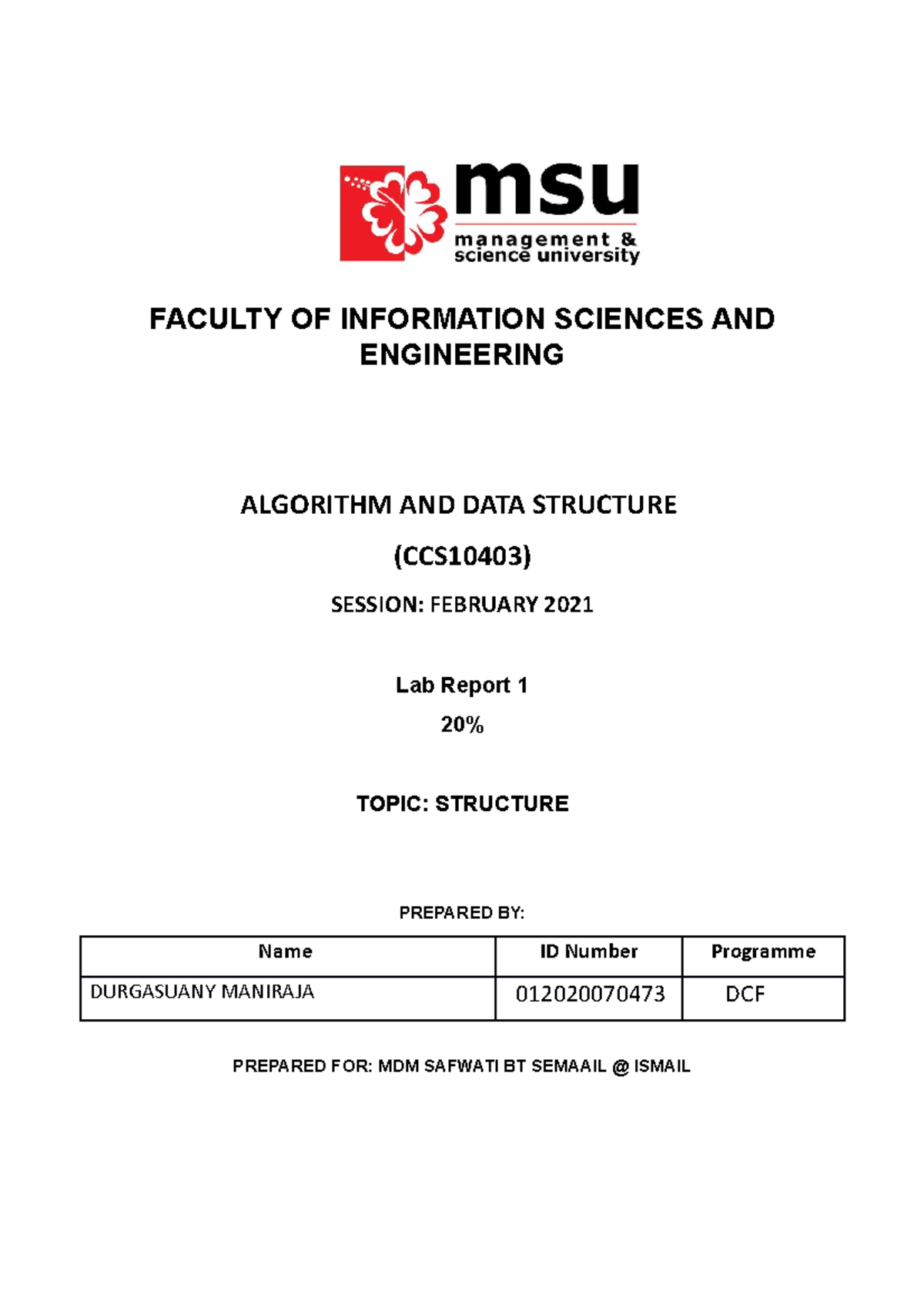Lab Report 1-Structure - FACULTY OF INFORMATION SCIENCES AND ...