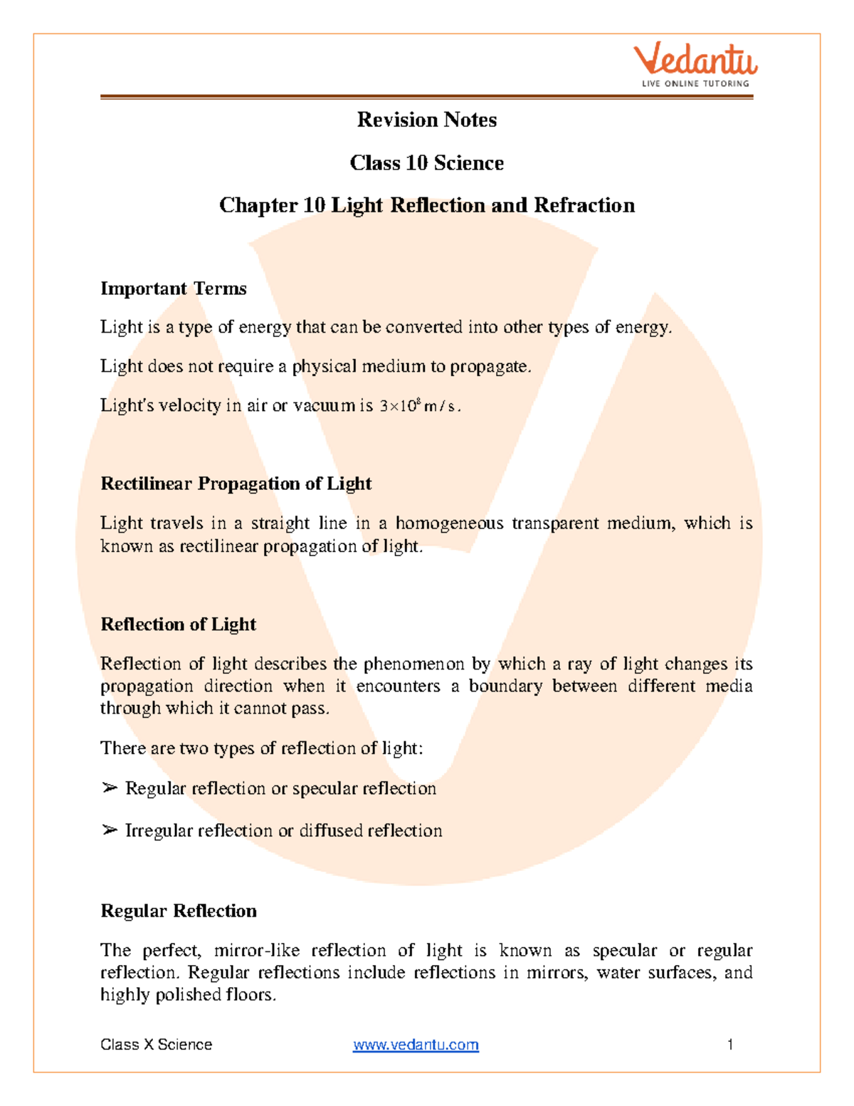 Cbse class 10 science notes chapter 10 light reflection and refraction ...