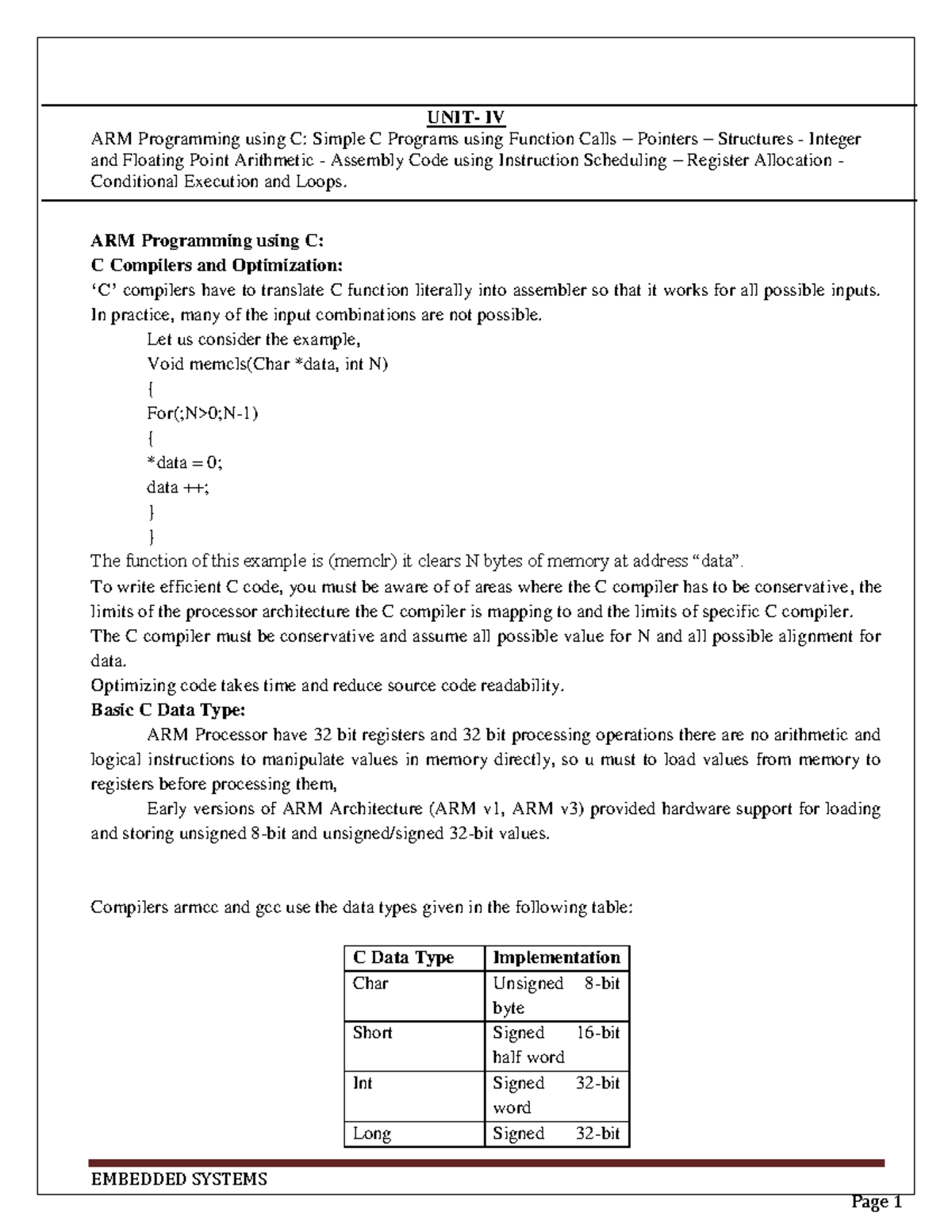 EMBEDDED SYSTEMS UNIT 4 - EMBEDDED SYSTEMS UNIT- IV ARM Programming ...