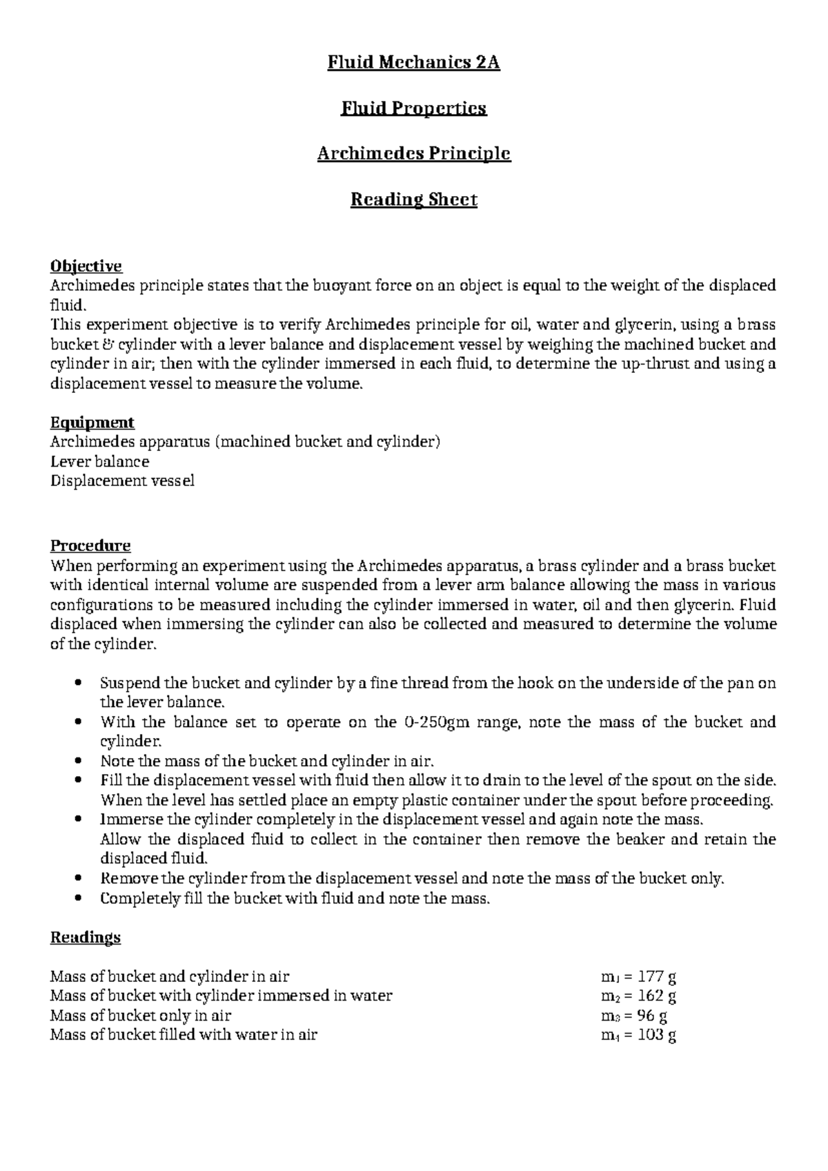 Archimedes Lab - Fluid Mechanics 2A Fluid Properties Archimedes ...