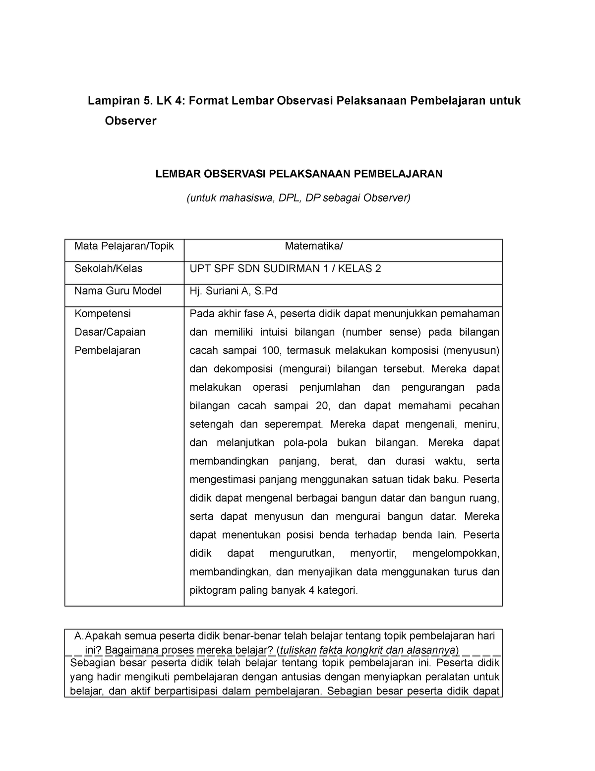 Asistensi 2 - Lampiran 5. LK 4: Format Lembar Observasi Pelaksanaan ...