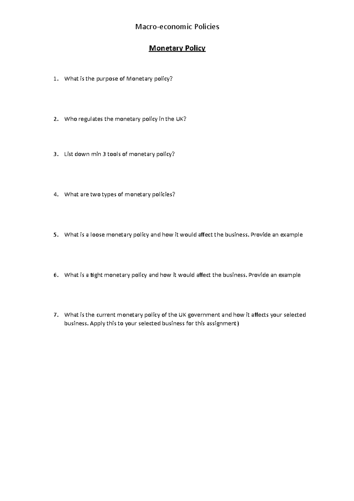 Lesson 4 Monetary And Fiscal Policy Worksheet Macro economic Policies 