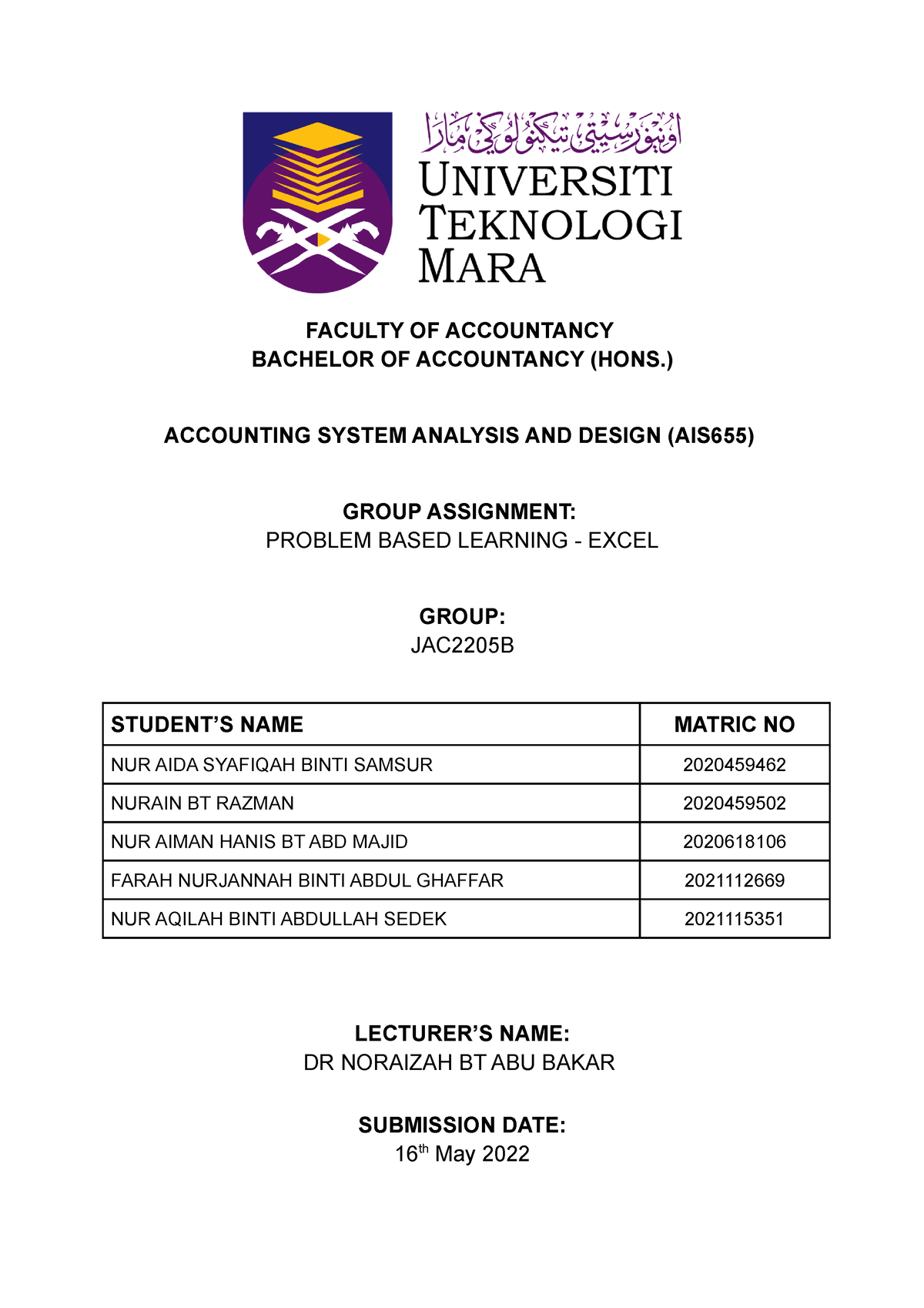 AIS 655 PBL Report Practice - FACULTY OF ACCOUNTANCY BACHELOR OF ...