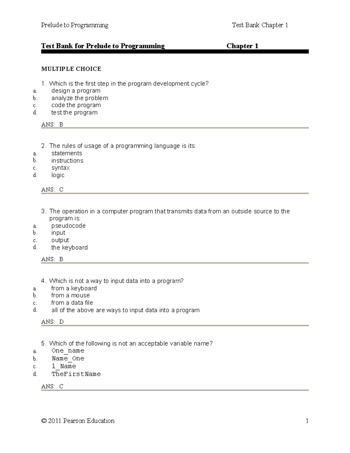 Drake 5e Test Bank Ch01 - Test Bank for Prelude to Programming Chapter ...