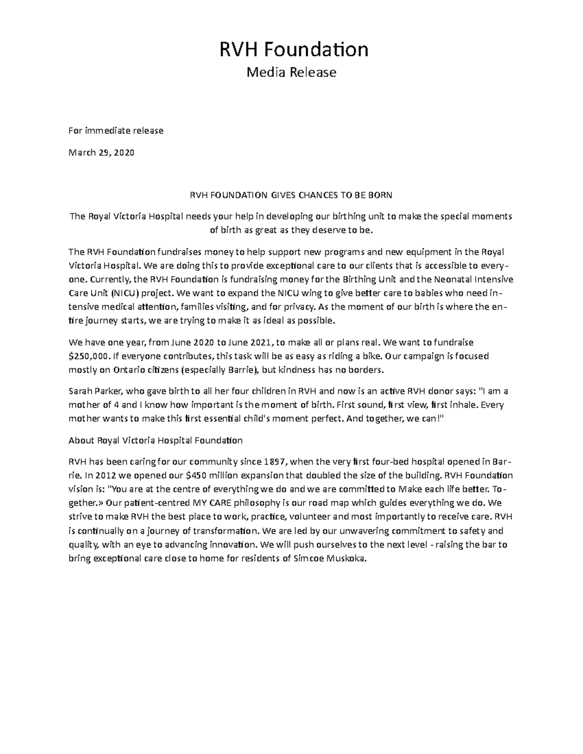 media-release-rvh-rvh-foundaion-media-release-for-immediate-release