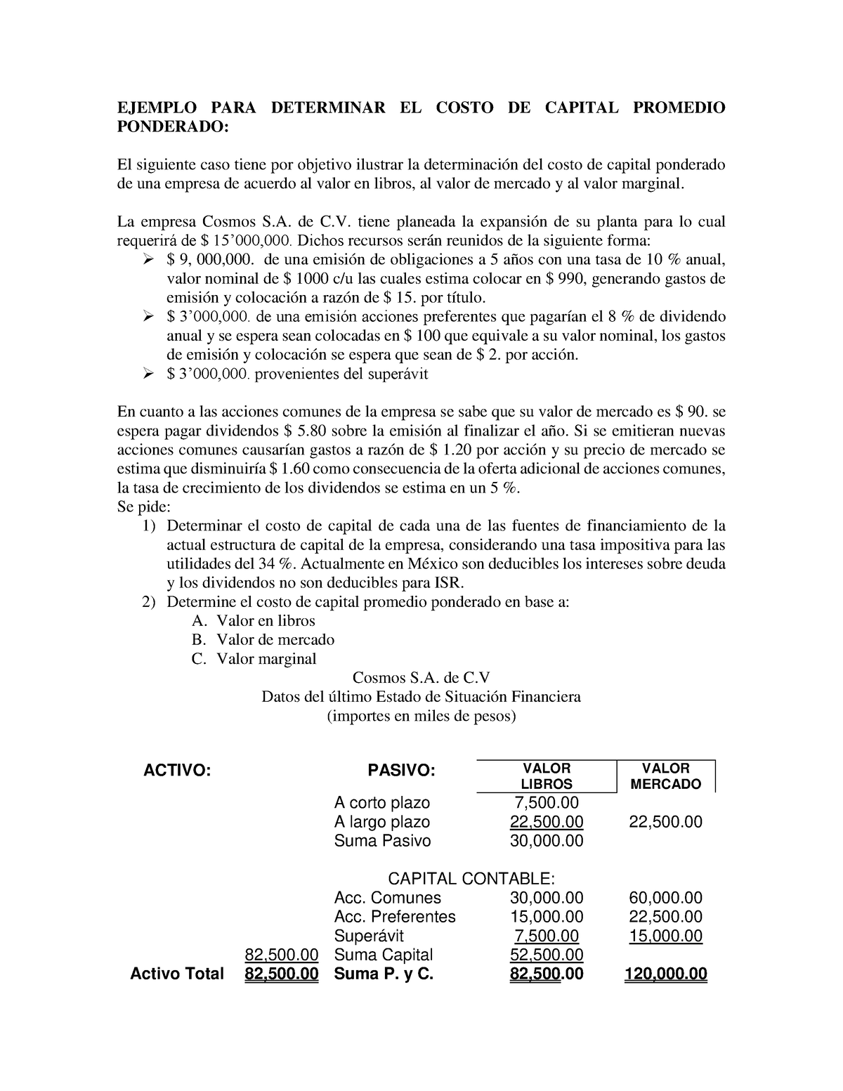 Ejemplo Para Determinar El Costo De Capital Promedio Ponderado 1 Ejemplo Para Determinar El 1169