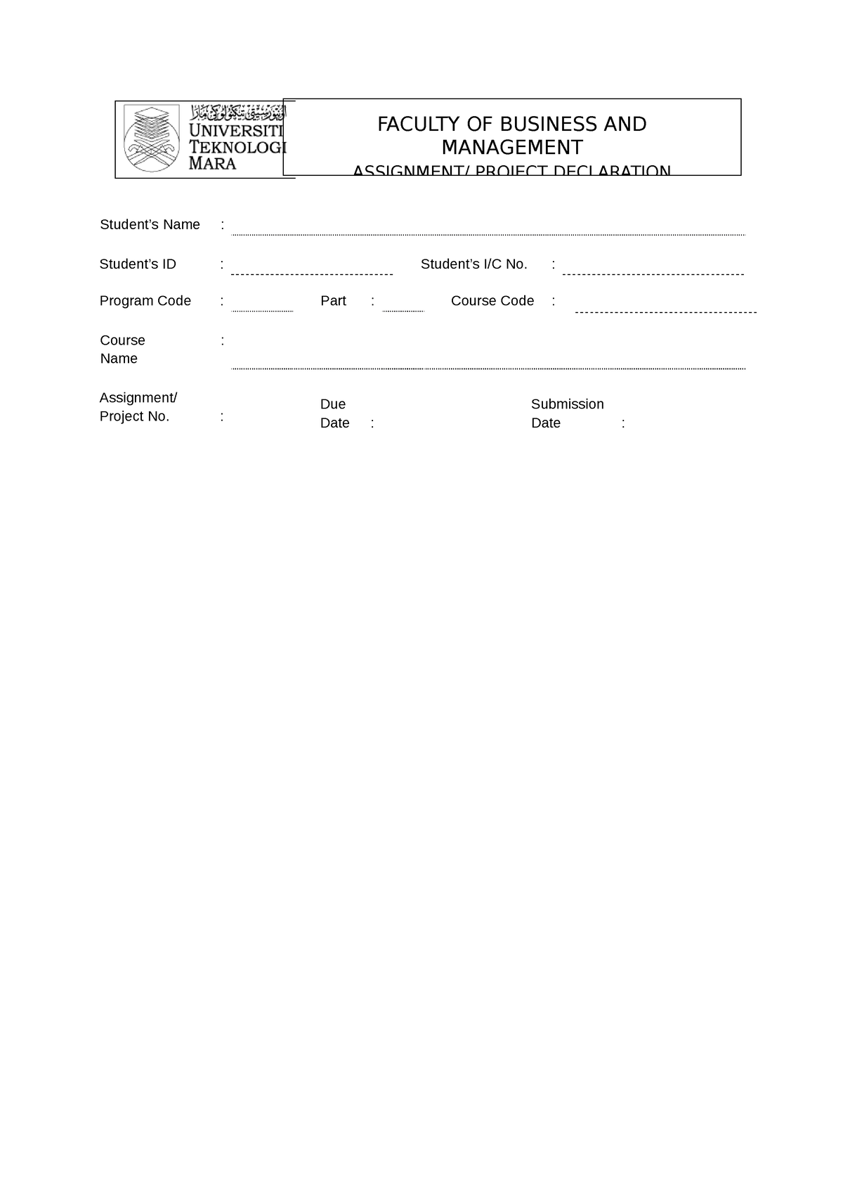 student declaration form for assignment