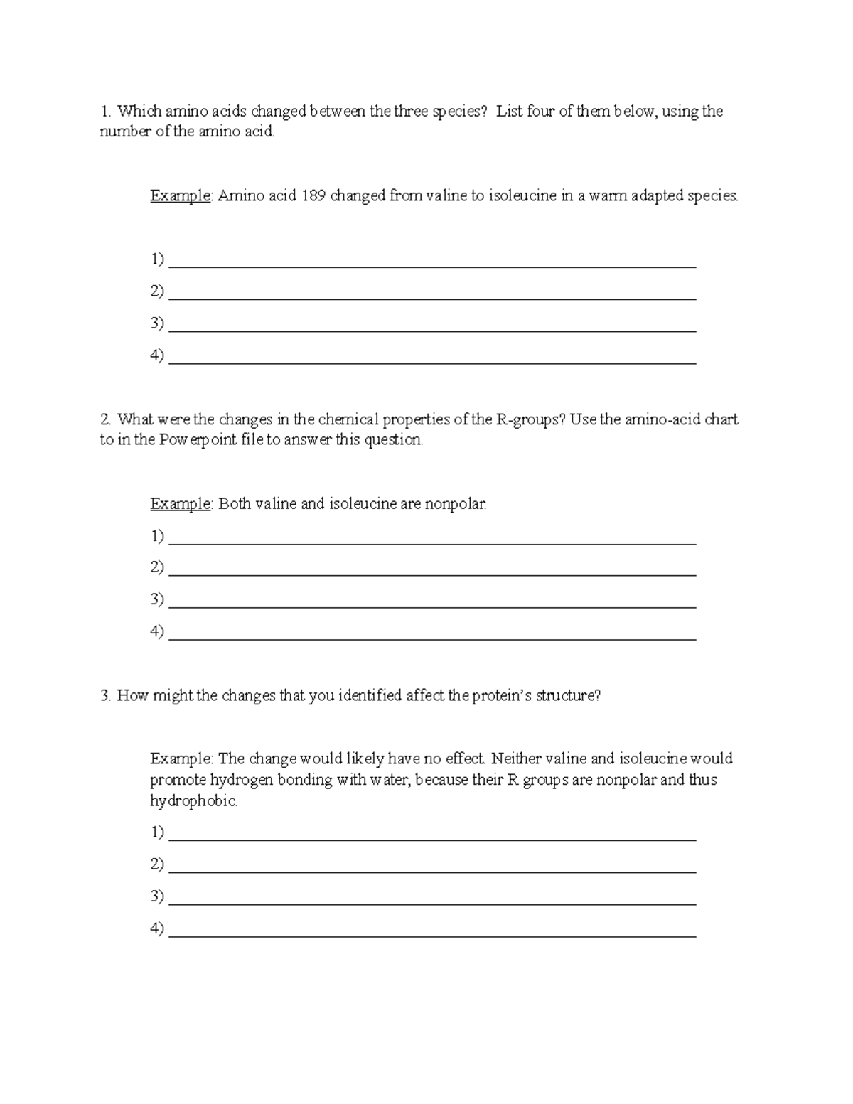 Assignment worksheet - Which amino acids changed between the three ...