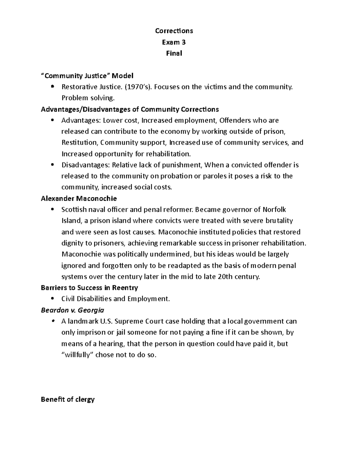 Corrections Final - n/a - Corrections Exam 3 Final “Community Justice ...