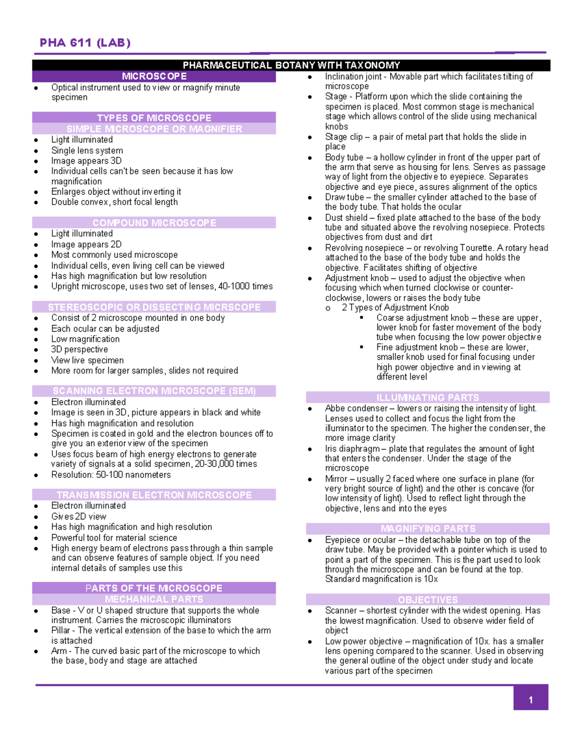 Botany W Taxonomy Laboratory Notes - PHA 611 (LAB) 12/08 ...