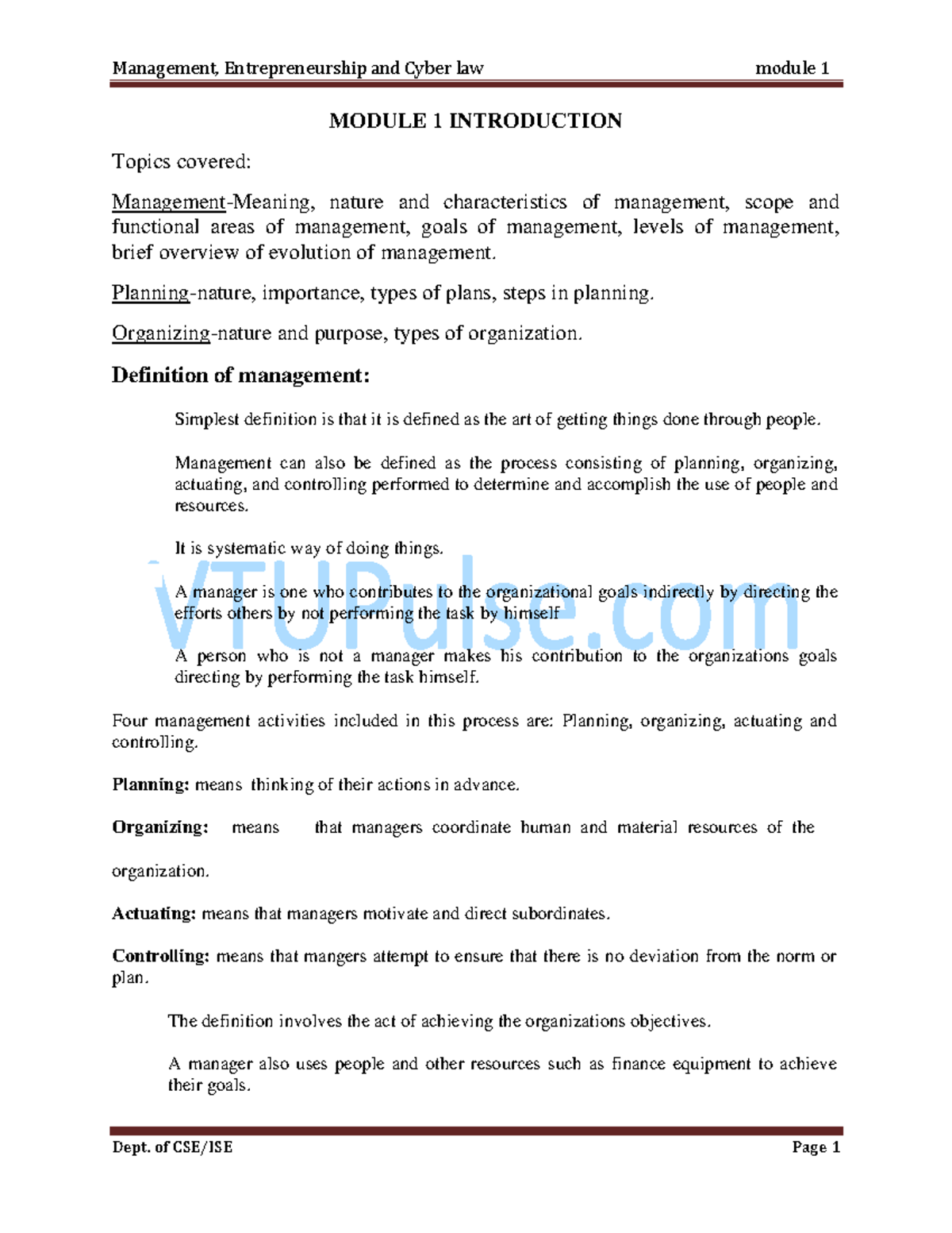 ME MOD1 PDF - good - MODULE 1 INTRODUCTION Topics covered: Management ...