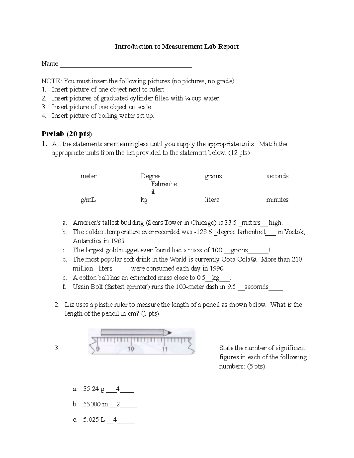 Measurements in the Laboratory Report Introduction to Measurement Lab