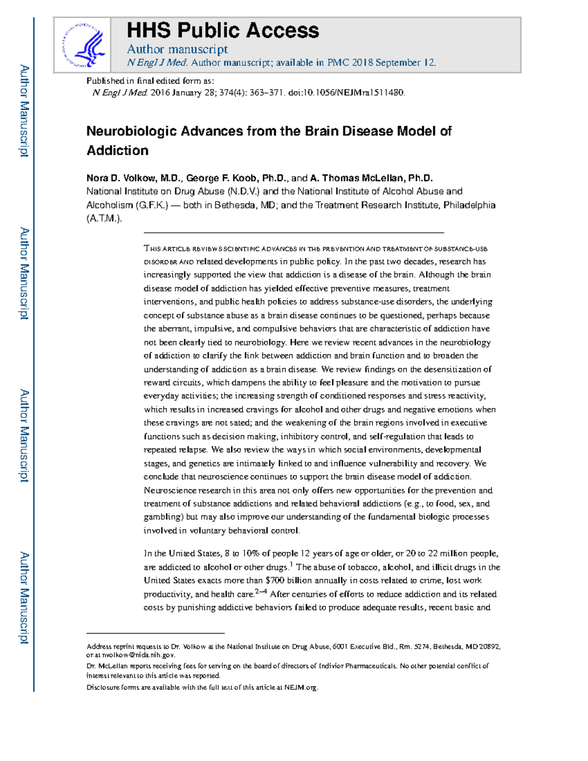 Neurobiologic Advances from the Brain Disease Model of Addiction