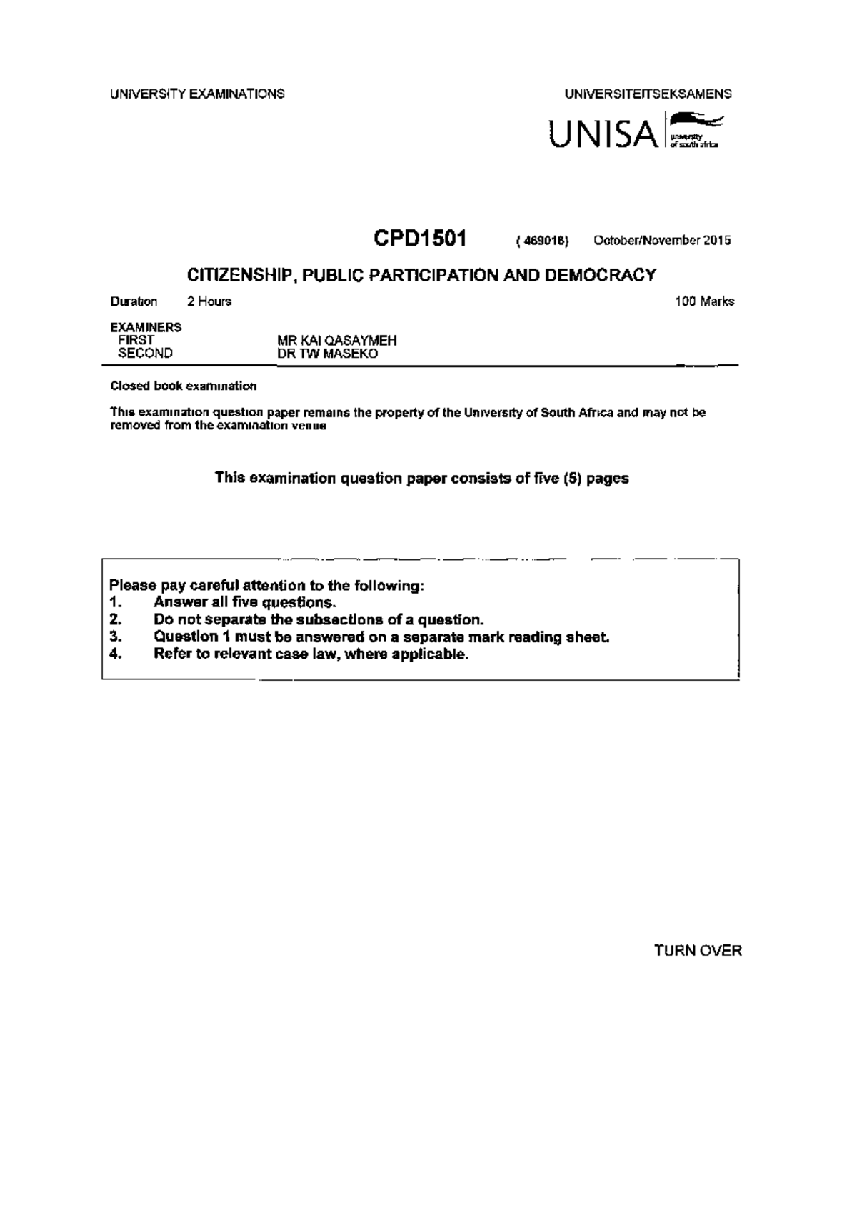 CPD1501 2015 10 E 1 exam - CPD1501 - Unisa - Studocu