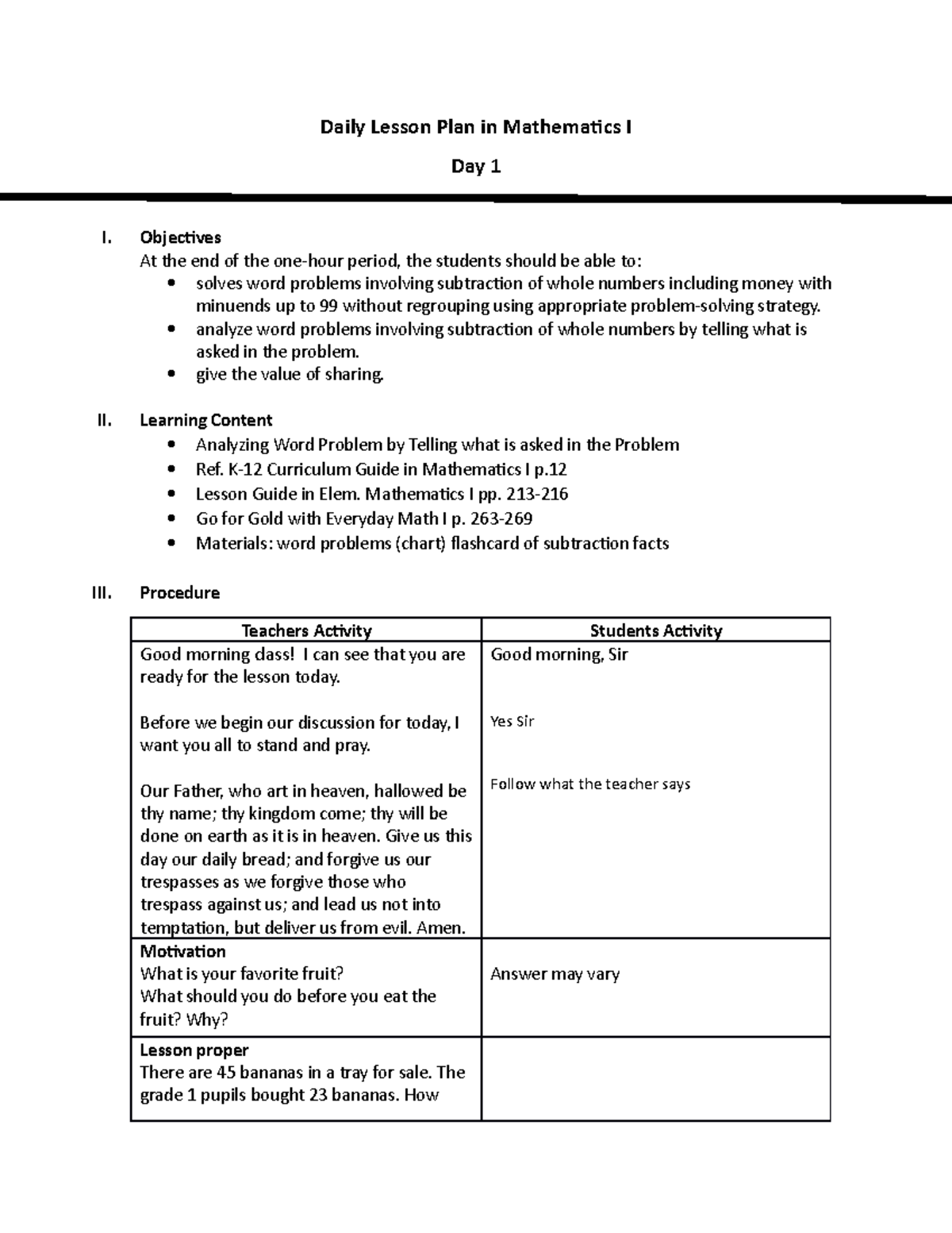 Daily Lesson Plan in Mathematics I - Objectives At the end of the one ...