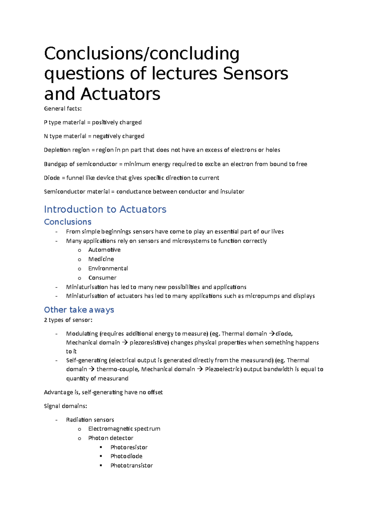 Sensors and actuators overview Conclusions/concluding questions of lectures Sensors and